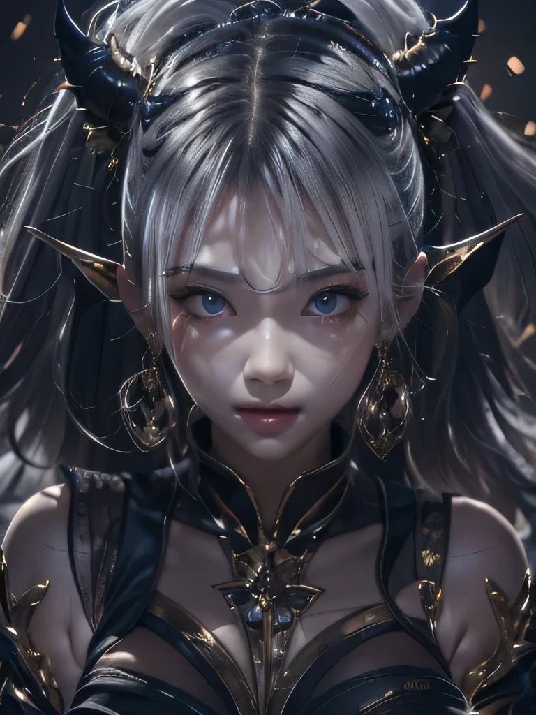 masterpiece, Raw photo，photorealism，High resolution，highest quality，High resolution, perfect composition, perfect face, perfect body, 16k，cinematic lighting，silver hair，Succubus，whip，latex，black，Charm，Demon's Castle Background、clavicle visible devil costume、close up of face、twin tails、close up of face、clavicle、earrings、