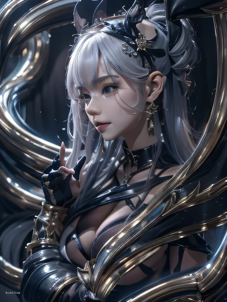 masterpiece, Raw photo,photorealism,High resolution,highest quality,High resolution, perfect composition, perfect face, perfect body, 16k,cinematic lighting,silver hair,Succubus,whip,latex,black,Charm,Demon's Castle Background、clavicle visible devil costume、close up of face、twin tails、close up of face、clavicle、earrings、