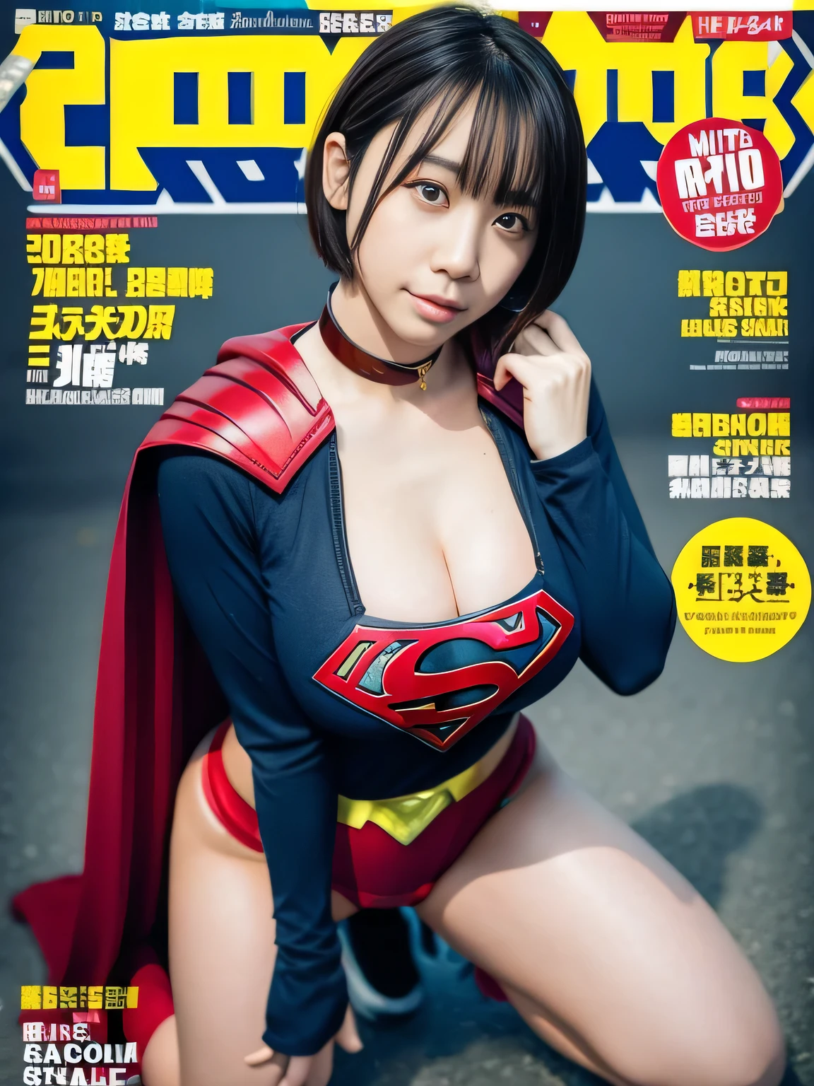 masterpiece、supergirl costume、short hair、enamel boots、big and full breasts、Crisis situation、Kneeling posture、model body shape、shiny、long sleeve、looking at camera、choker、red mini skirt、Weekly magazine cover、gravure magazine、sweaty、whole body、from right in front、back road、
