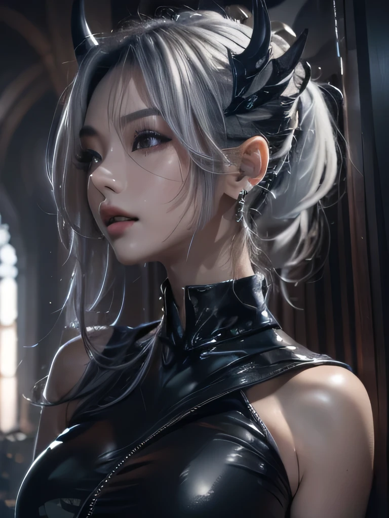 masterpiece, Raw photo，photorealism，High resolution，highest quality，High resolution, perfect composition, perfect face, perfect body, 16k，cinematic lighting，silver hair，Succubus，whip，latex，black，charm，Demon's Castle Background、clavicle visible devil costume、close up of face、ponytail、close up of face、clavicle、earrings、