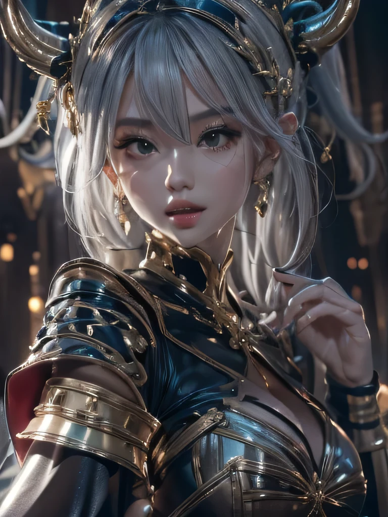 masterpiece, Raw photo,photorealism,High resolution,highest quality,High resolution, perfect composition, perfect face, perfect body, 16k,cinematic lighting,silver hair,Succubus,whip,latex,black,charm,Demon's Castle Background、clavicle visible devil costume、close up of face、ponytail、close up of face、clavicle、earrings、