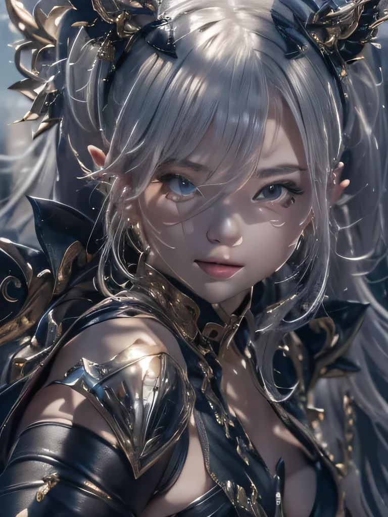 masterpiece, Raw photo,photorealism,High resolution,highest quality,High resolution, perfect composition, perfect face, perfect body, 16k,cinematic lighting,silver hair,Succubus,whip,latex,black,charm,Demon's Castle Background、clavicle visible devil costume、close up of face、ponytail、close up of face、clavicle、earrings、
