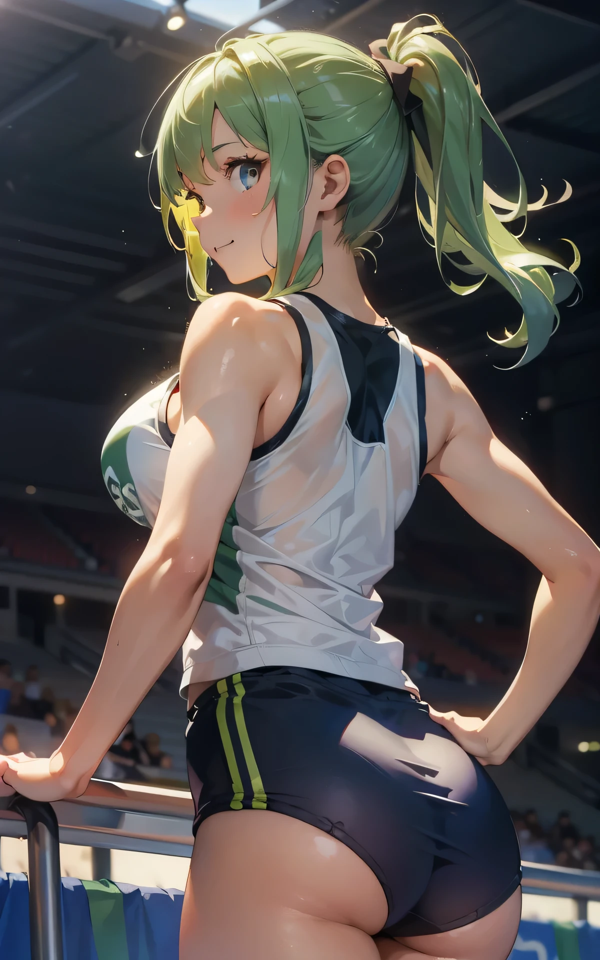 realisticlying，((upper body:1.3))、extremely detailed CG、high resolution、absurderes:1.8、detailed background:1.3、beautiful detailed hair、detailed eyes:1.6、、、、、、 1 girl, track and field player, shiny skin、beautiful body、 ((buruma、 sleeveless track and field Tank top、attractive thighs、big breasts, from behind:1.4, long hair、))、(track and field cort, light smile), green hair
