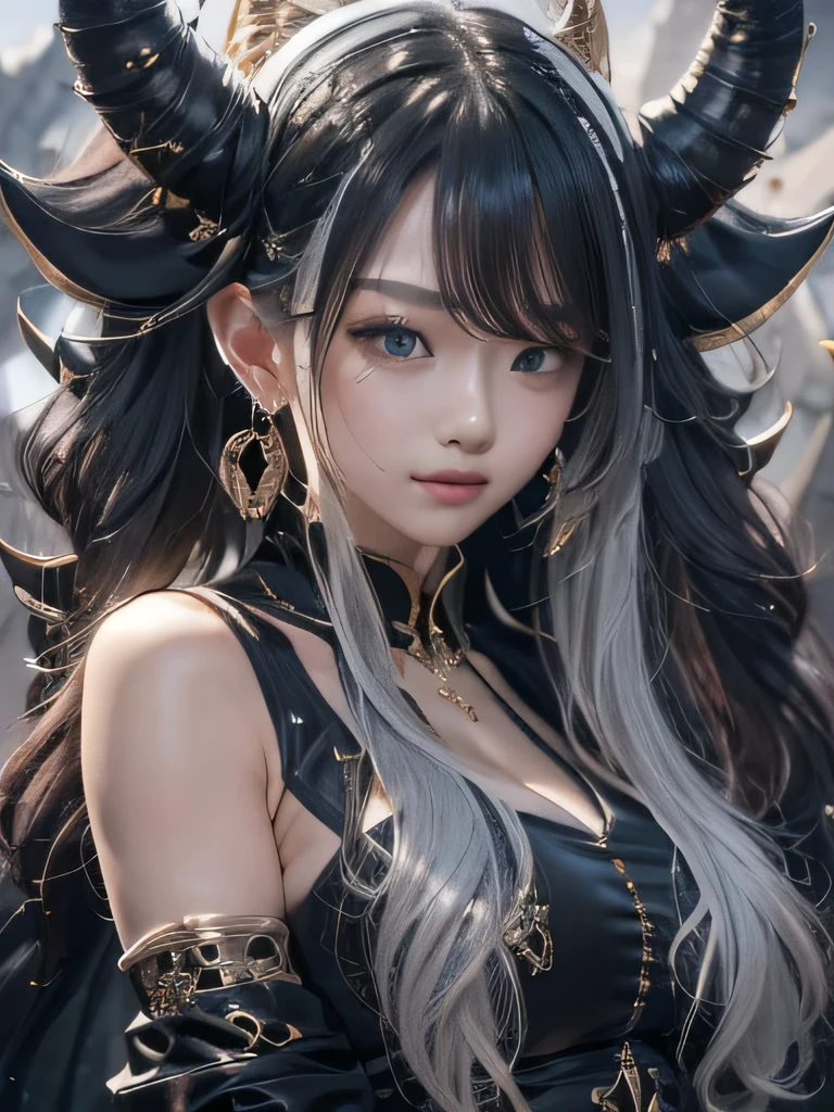 masterpiece, Raw photo,photorealism,High resolution,highest quality,High resolution, perfect composition, perfect face, perfect body, 16k,cinematic lighting,silver hair,Succubus,whip,latex,black,charm,Demon's Castle Background、clavicle visible devil costume、close up of face、ponytail、close up of face、clavicle、earrings、