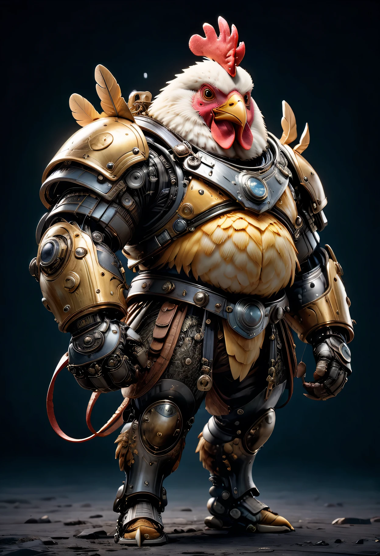 photorealistic portrait of Dressed animals - a ((fat)) chicken warrior,(brave pose), high quality,(lovely) ,intricate detailed giant mechanical arms, highly detailed ((mechanical armor) ,,highly detailed decorations, , (brave), studio lighting,(full body image from head to toe:1.5)