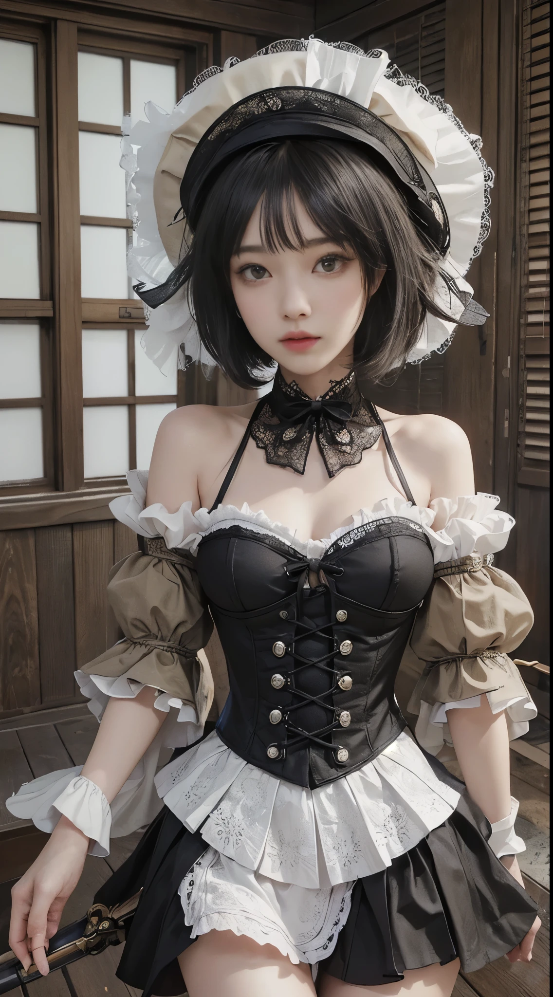 (((masterpiece, highest quality, Super detailed))), 1 female, (((very thin body))) , (((length, thin legs))), (((black short bob, thick fluffy bangs ))), (((highly detailed face))), No cosmetics, small and thin nose, thin mouth with small lips, (((Very sharp focused eyes))), Precise pale gray eyes with large slits, shine like a jewel, length eyelashes, ((非常に装飾的な複雑なメカニカルなsteampunk ファッション, Lace Flare Mini Skirt, above the knee lace stockings, Lace Off Shoulder Lolita Fashion, Overly decorative fashion)), Abandoned Night, 複雑に機械化されたsteampunk工場が火災と爆発, (((Overall accuracy has been dramatically improved, creating a Super detailed and realistic image))), super realistic photos, (((steampunk)))