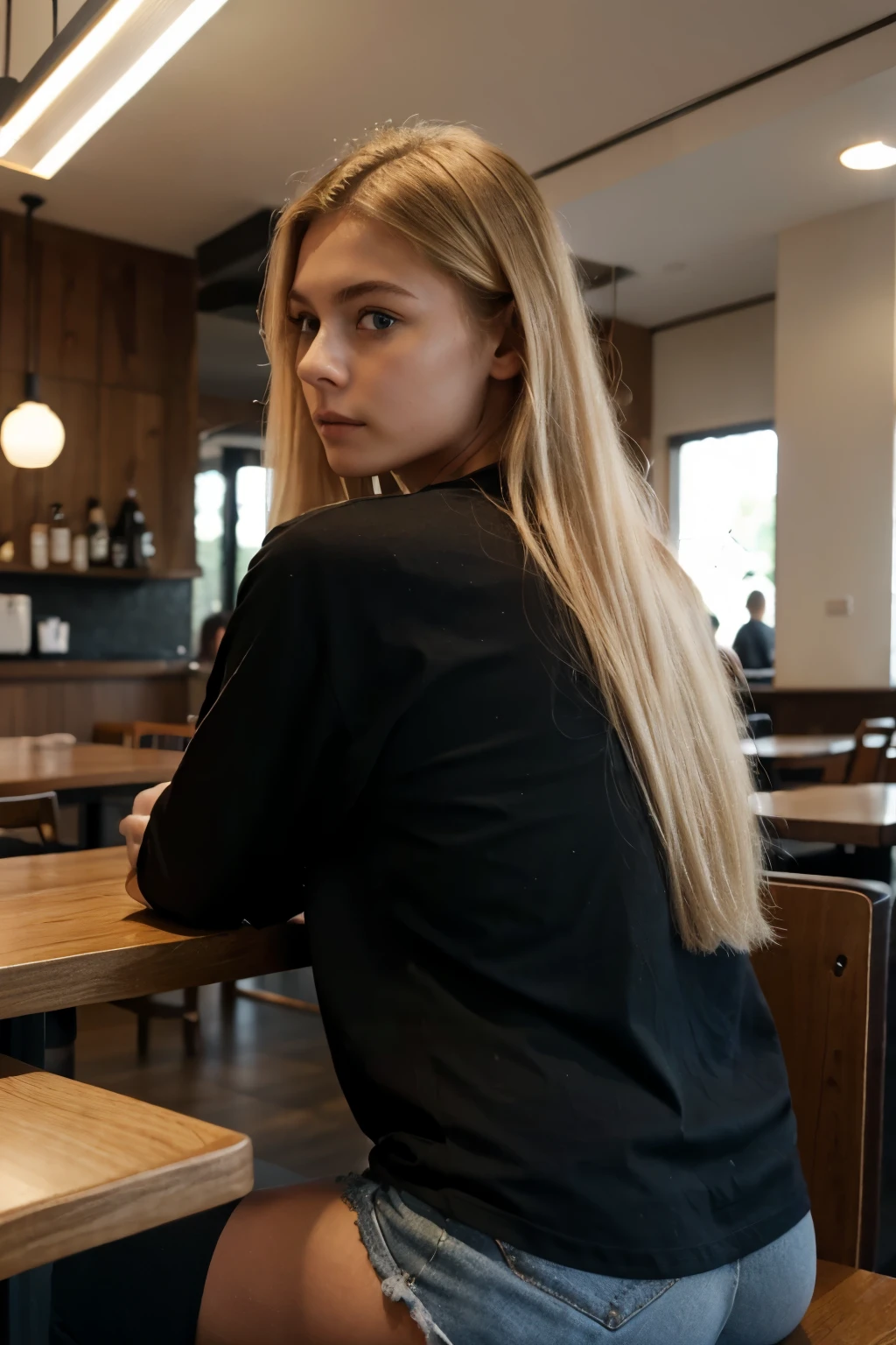 An 18 year old blonde woman, ((small breasts)), ((hyperrealism), blonde hair, extra long hair, beautiful, back view, front selfie, black shirt, nike shirt, sitting in restaurant, front selfie, iphone photo, front selfie, afternoon, high quality, small breasts,