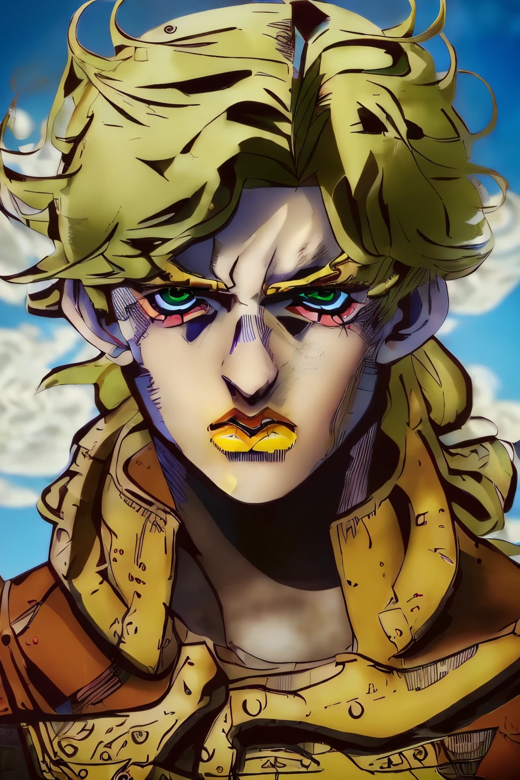 (masterpiece:1.3), (best cinematic quality:1.2), (extremely detailed setting:2), (soft+artistic lighting), (1boy), short orange haired, (eyes+yellow+red:1.4), (multicolored eyes+heterochromia), wearing 70 jojo clothes, futuristic, technological, yellowstone national park, is a mostly shirtless young gene wilder
