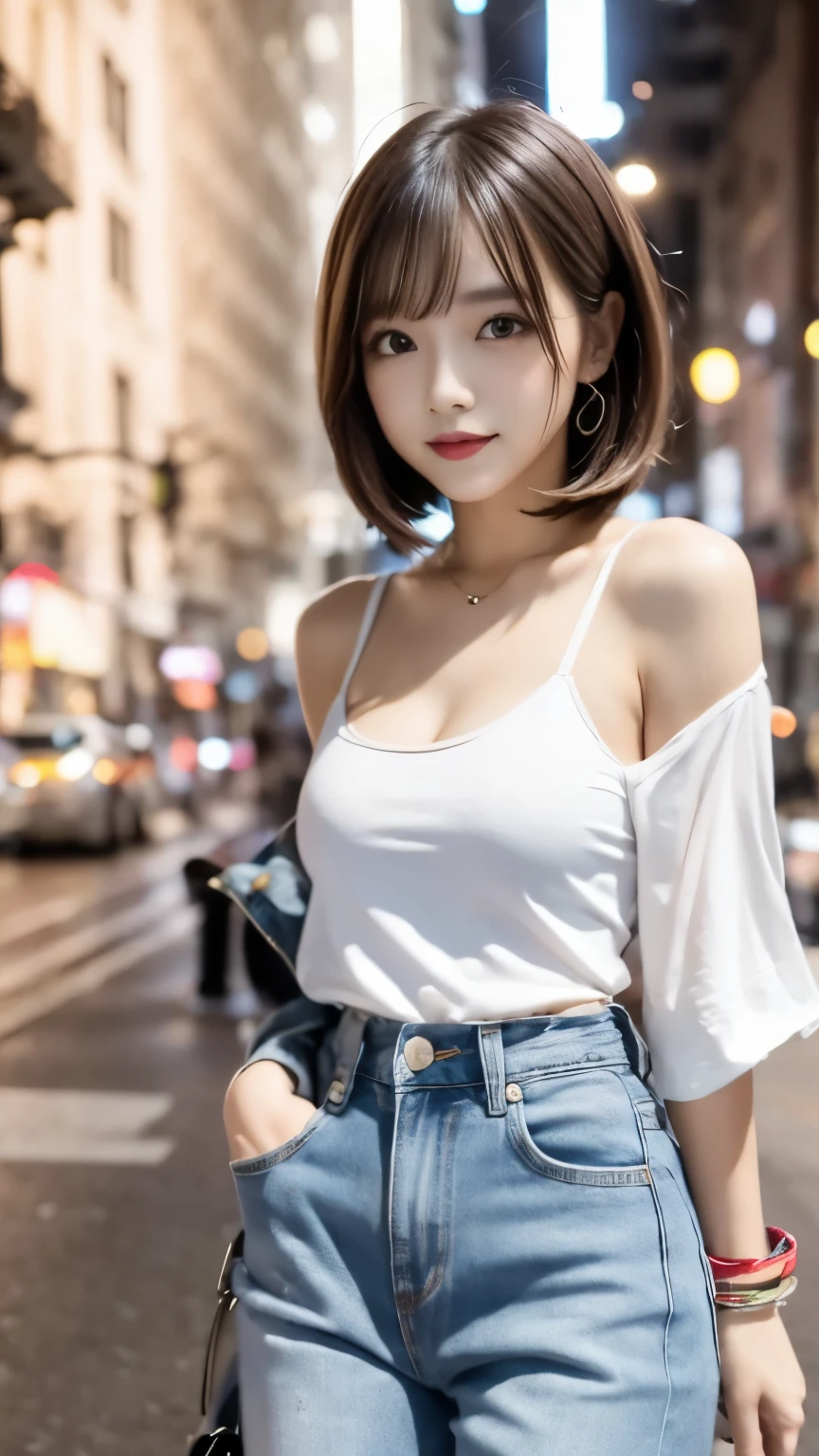 denim pants:1.3, colorful shirt:1.2, medium bob
