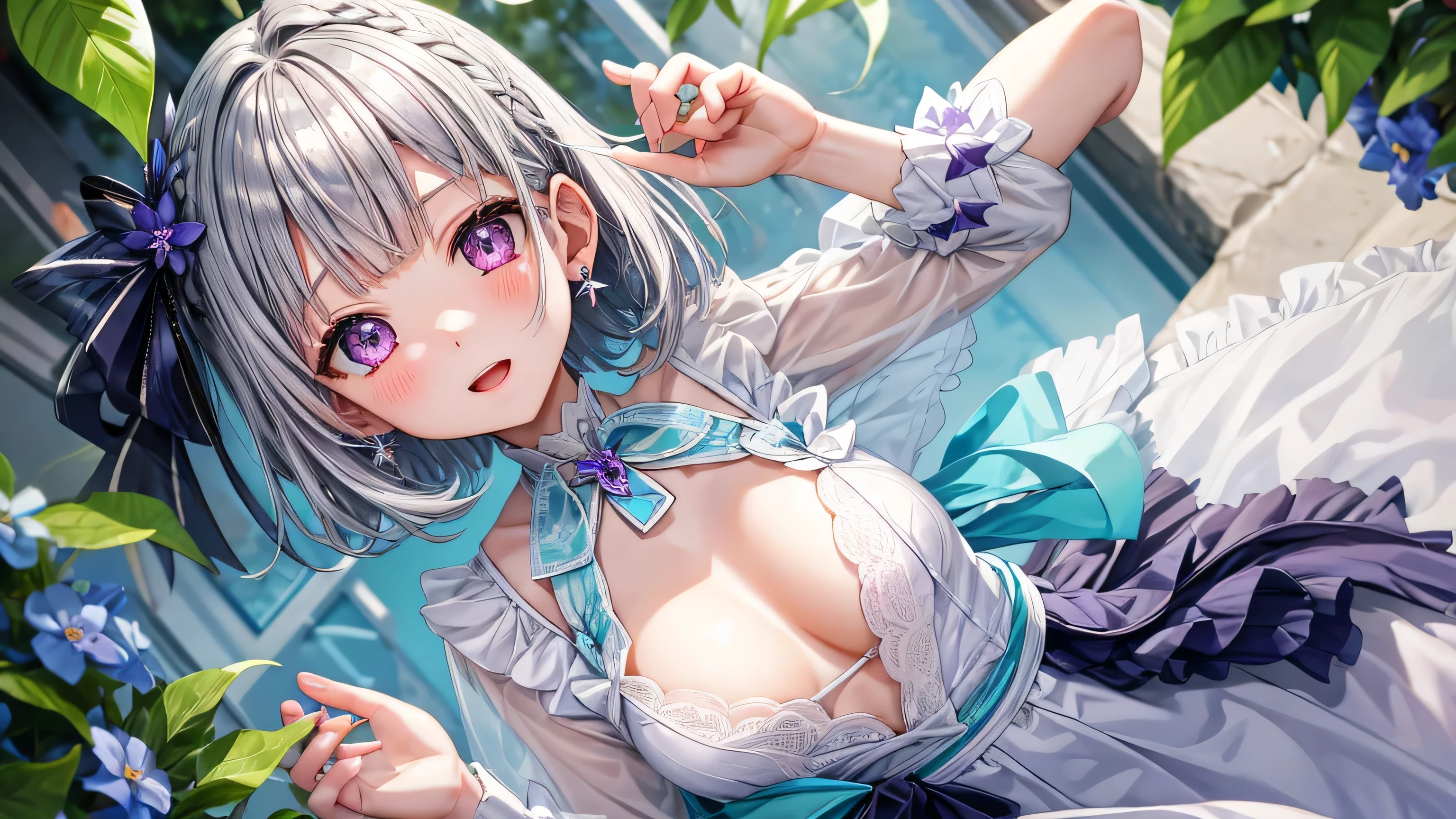 The arrival of spring、 (alone:1.5,)Super detailed,bright colors, very beautiful detailed anime face and eyes, look straight, ;d, shiny_skin,girl, ((purple eyes))、bangs、((arrange bangs))、short bob、bluish hair、((silver blue colored hair))、clear eyes、、shiny hair, delicate beautiful face, blush、(turquoise eyes), White skin, Valletta, earrings,、blue flower field、