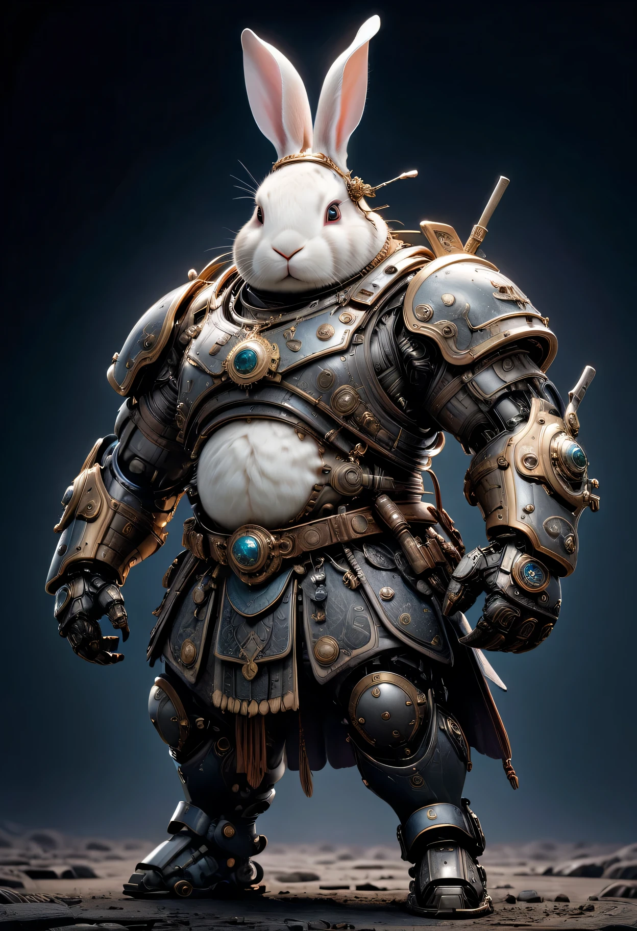 photorealistic portrait of Dressed animals - a ((fat)) rabbit warrior,(brave pose), high quality,(lovely) ,intricate detailed giant mechanical arms, highly detailed ((mechanical armor) ,,highly detailed decorations, , (brave), studio lighting,(full body image from head to toe:1.5)