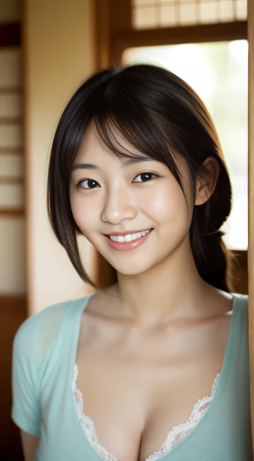 masterpiece,best quality,(Japanese ),((Beautiful girl)),cleavage,indoor,(perfect body beauty:1.2),(shy smile),beautiful teeth,