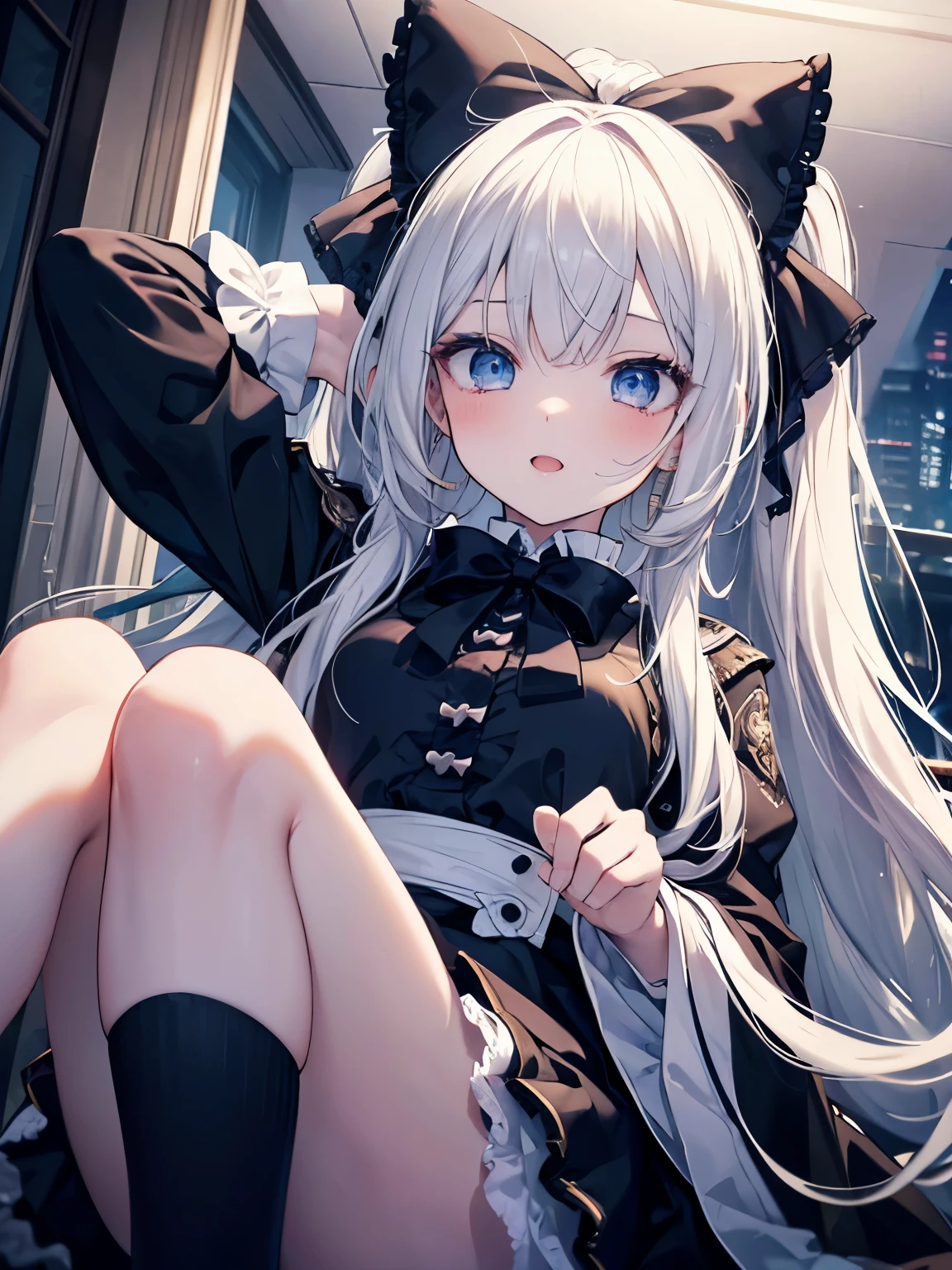 Masutepiece, Highest Quality, (Perfect face:1.1), (high detailing:1.1), (ultradetailed eyes),Dramatic,superfine illustration,Extremely detailed,1girl in,teenager,(pale skin),long white hair,Ethereal eyes,Simple eyes,empty eyes,Blue eyes,blush,Solo,Smile,Happy,Laugh,Enjoy, Open mouth,Pouty lips,Cinematic lighting,upper body,looking up,leaning forward,Long sleeve,Gothic lolita, frilld,bow ribbon,knee high socks,indoor,night