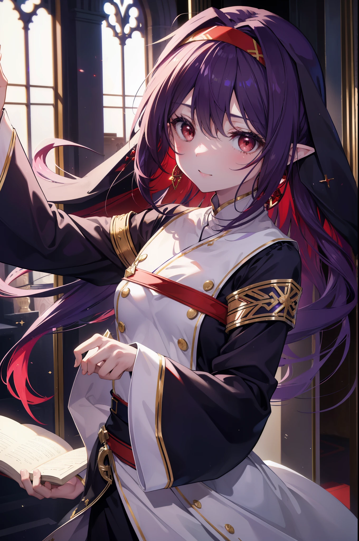 yuukikonno, Yuki Konno, hair band, long hair, pointed ears, purple hair, (red eyes:1.5), (small breasts:1.2), smile,blush,open your mouth,break habit, long sleeve, nun, robe,紫色 robe, wide sleeve,hands of prayer,
break looking at viewer, Upper body, full body,
break indoors, church,
break (masterpiece:1.2), highest quality, High resolution, unity 8k wallpaper, (figure:0.8), (detailed and beautiful eyes:1.6), highly detailed face, perfect lighting, Very detailed CG, (perfect hands, perfect anatomy),