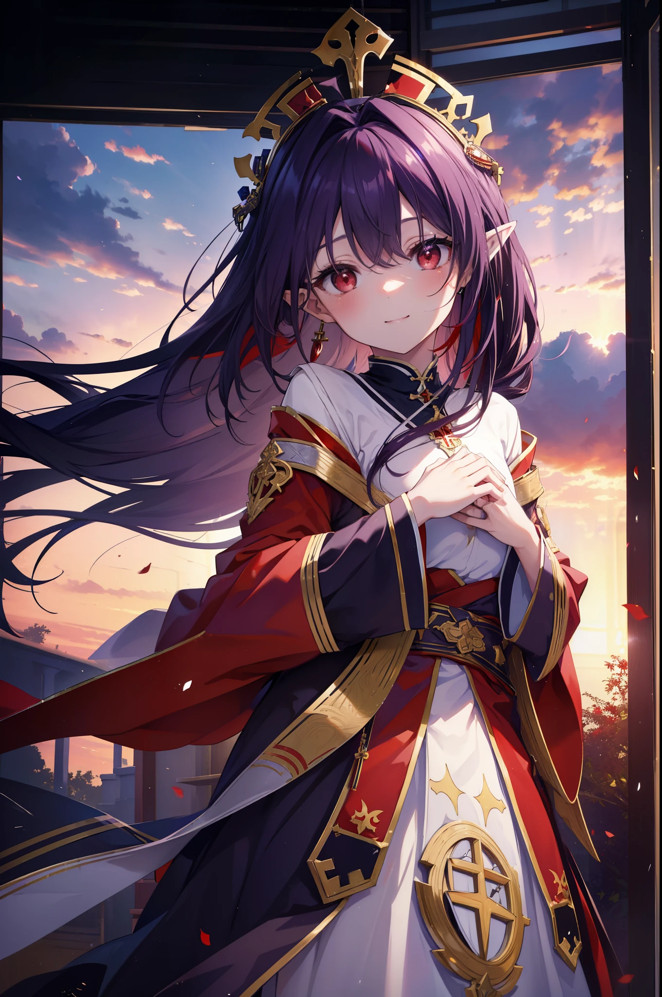 yuukikonno, Yuki Konno, hair band, long hair, pointed ears, purple hair, (red eyes:1.5), (small breasts:1.2), smile,blush,open your mouth,break habit, long sleeve, nun, robe,紫色 robe, wide sleeve,hands of prayer,
break looking at viewer, Upper body, full body,
break indoors, church,
break (masterpiece:1.2), highest quality, High resolution, unity 8k wallpaper, (figure:0.8), (detailed and beautiful eyes:1.6), highly detailed face, perfect lighting, Very detailed CG, (perfect hands, perfect anatomy),