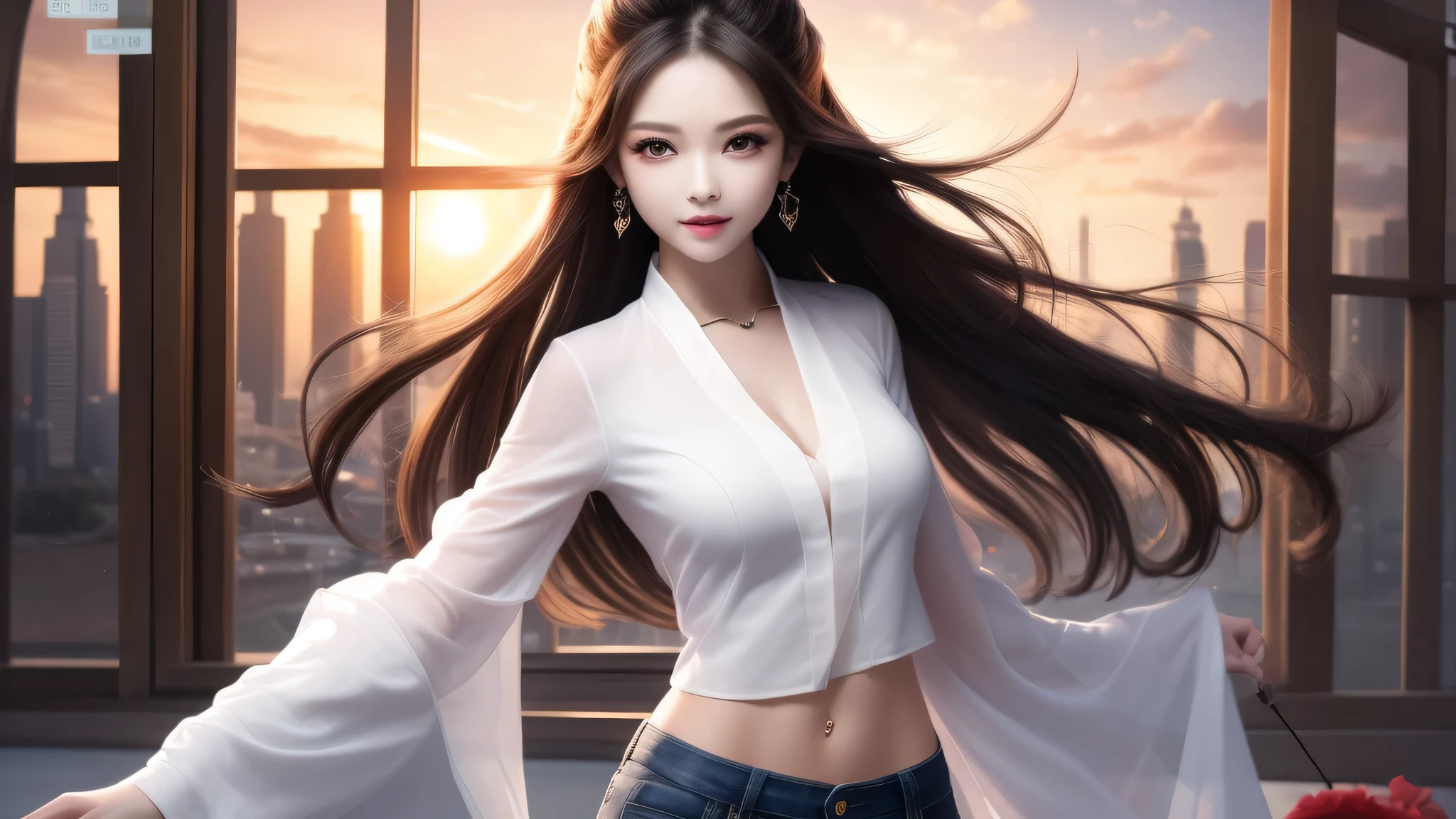 4K Ultra HD, masterpiece, very high quality, girl, Age 20 years old girl, good face, smooth face, fine eyes, beautiful hair, very long hair, hair band, cute look, modern clothes, pink shirt, black jeans, good shoes, Morning background, building, sunlight, sunny, Stylish look, Direct ×3.0 wet leod,,perfect body,(Lie:1.3)