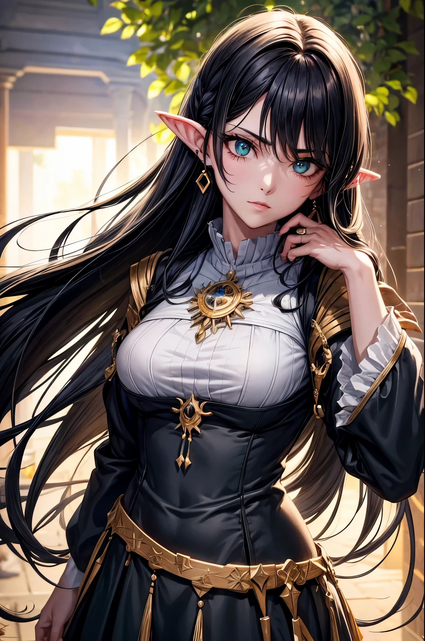 black hair, messy hair, long hair, green eyes, ringed eyes, mature, colored eyelashes, pointy ears, long pointy ears, earrings, wide shot, lens flare, anime style, chiaroscuro, depth of field, god rays, UHD, high details, best quality, highres, 4K, award winning, high quality, textured skin, super detail, masterpiece, simple medieval clothes,