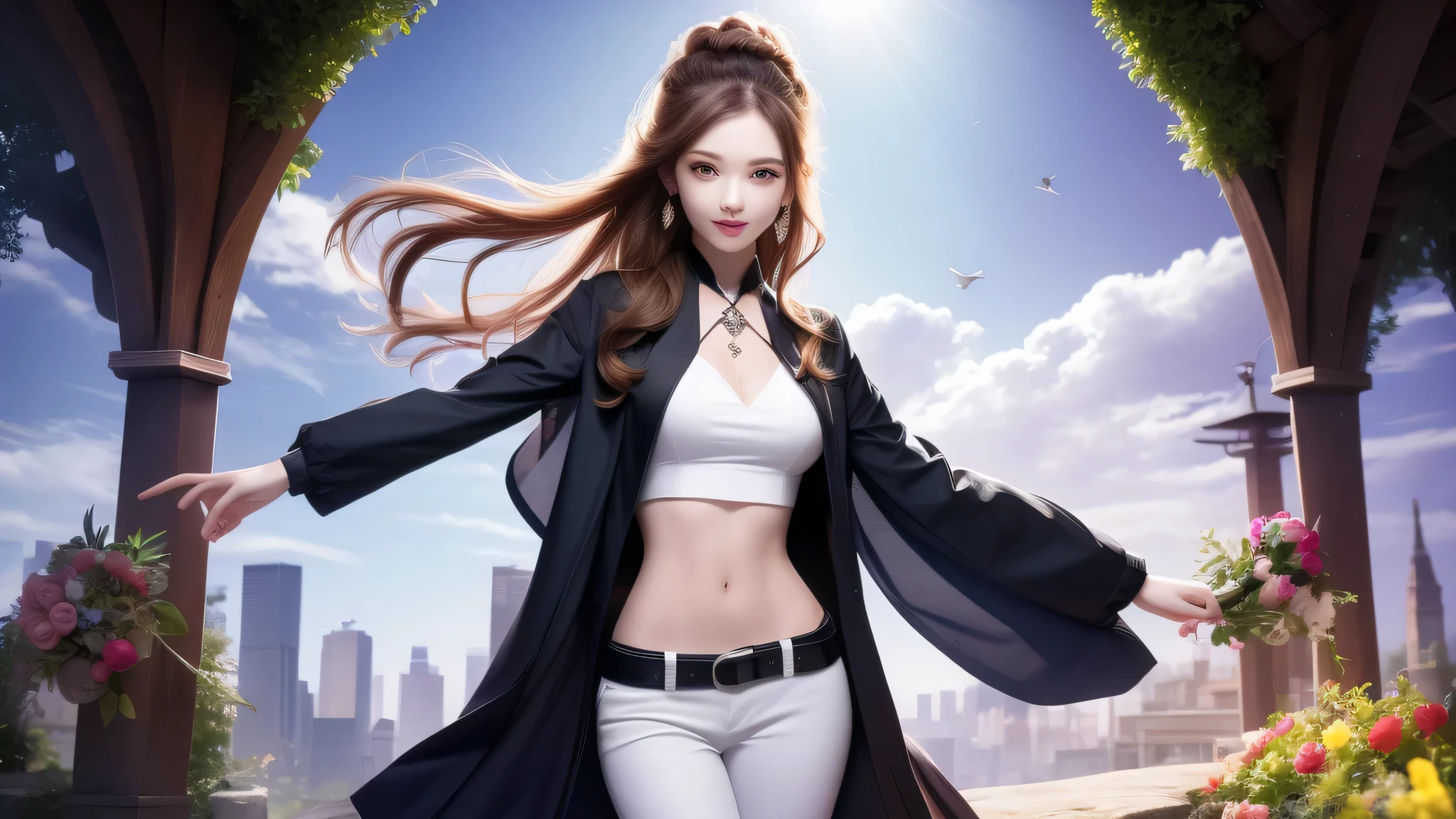 4K Ultra HD, masterpiece, very high quality, girl, Age 20 years old girl, good face, smooth face, fine eyes, beautiful hair, very long hair, hair band, cute look, modern clothes, pink shirt, black jeans, good shoes, Morning background, building, sunlight, sunny, Stylish look, Direct ×3.0 wet leod,,perfect body,(Lie:1.3)
