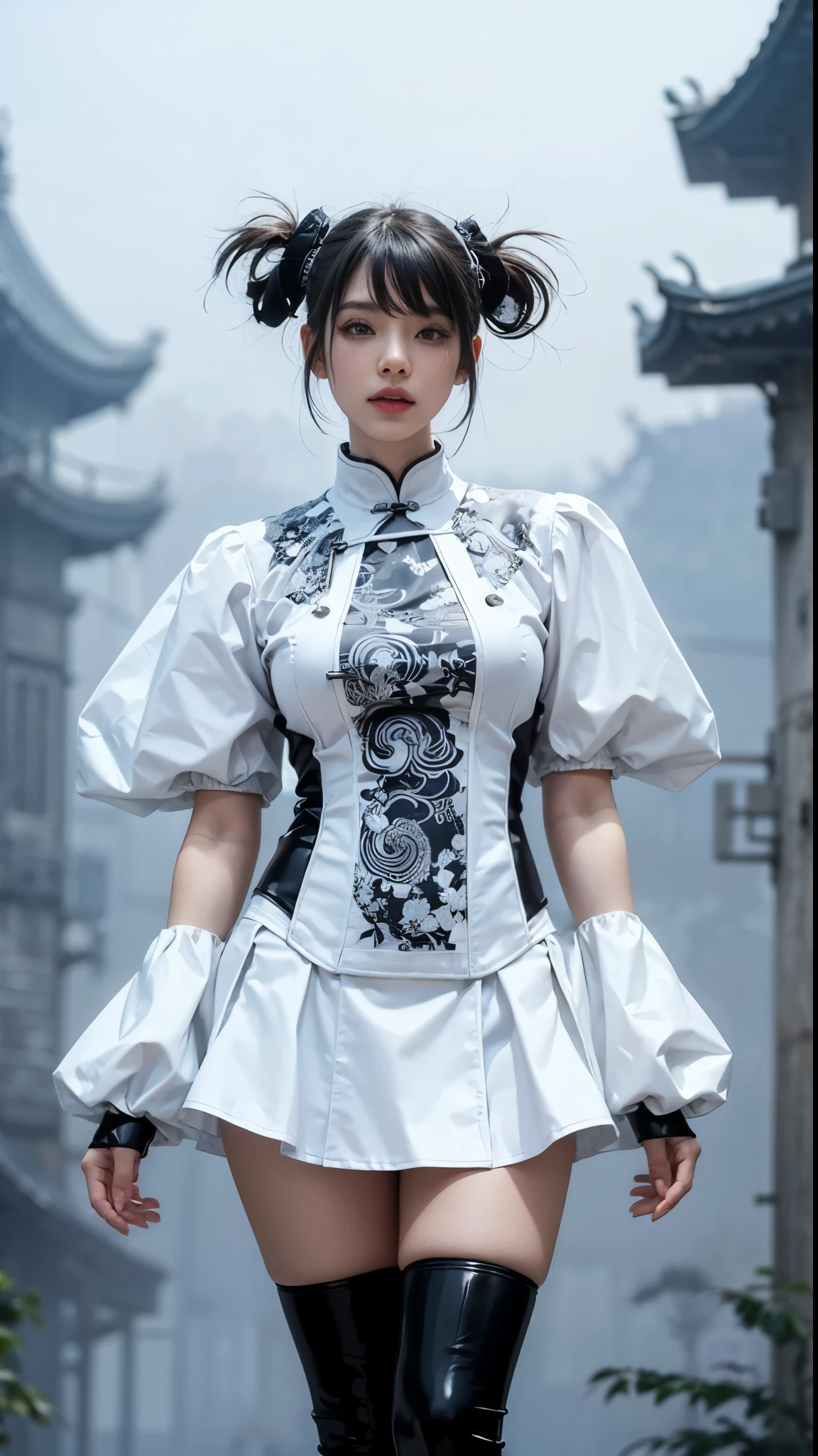 ultra detailed, beautiful best quality, _ BREAK Beautiful and cute perfect model, Tightened all body, medium Breasts, _ BREAK _ Perfect background, Fog, mist, _ BREAK (all body shot, standing and Abstract pose:1.8), BREAK (Cyber punk chinese dress, balloon Sleeves:1.3), (white theme:1.3), (mandarin collar:1.2), (intricate patchwork of latex and leather:1.2), (triangular silhouette skirt:1.2), gray hair, fog and mist Blurred background, Perfect and beautiful concrete background,