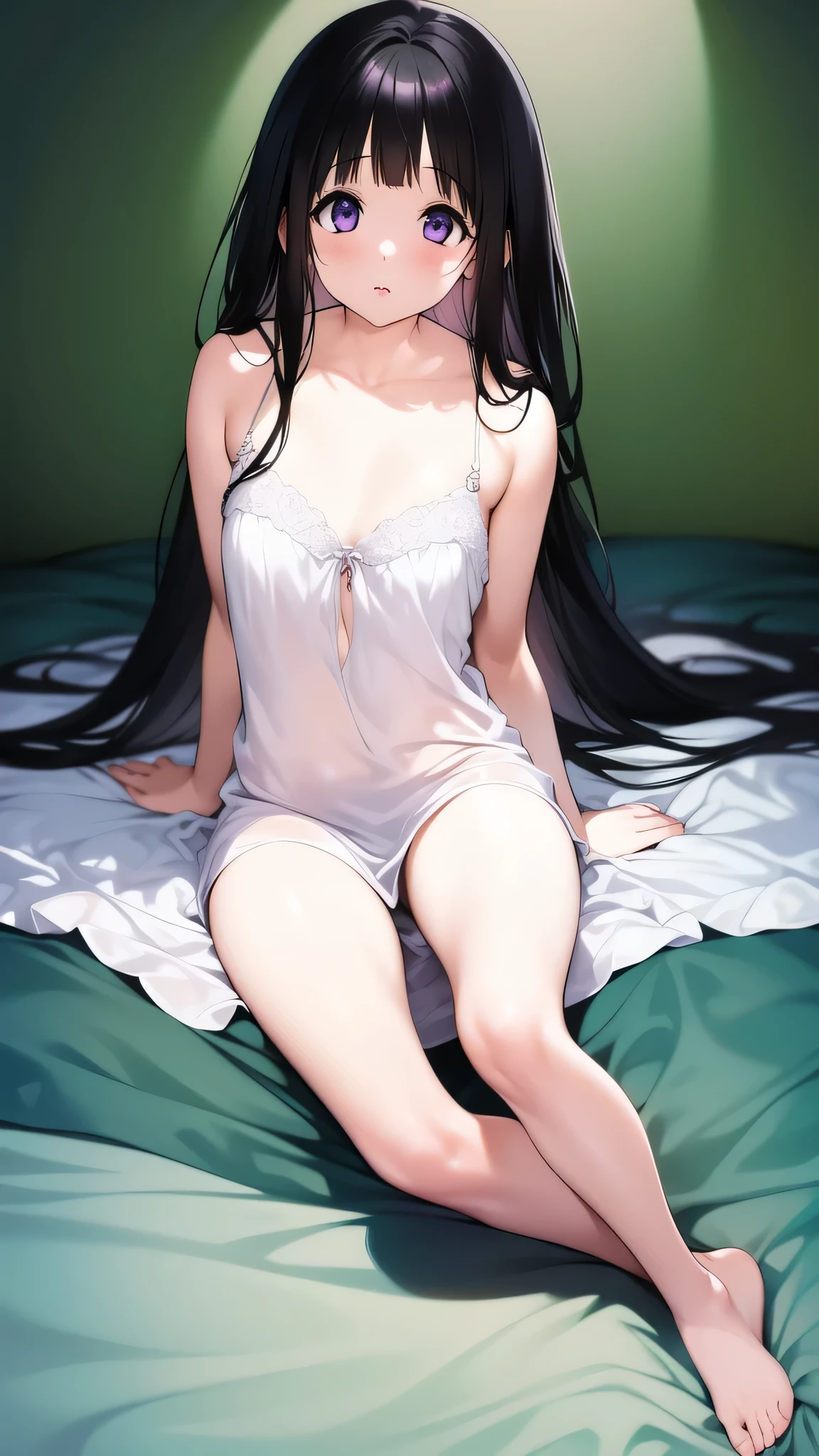 The stunning Chitanda Eru, Only one beautiful girl,purple eyes, black hair, Naturally straight hair, straight bangs, extremely refined,adult face,lips slightly open,flowing long hair,Peerless beautiful girl, dreamlike,Slim,soft, (Sensual), (kawaii), dream quality,Bare thighs,Transparent nightdress,bare shoulders,exposed collarbone,bare neck,no underwear,barefoot,ultra high resolution, (masterpiece:1.2, best quality), (Exquisite and beautiful eyes: 1.2), (Beautiful and delicate face)