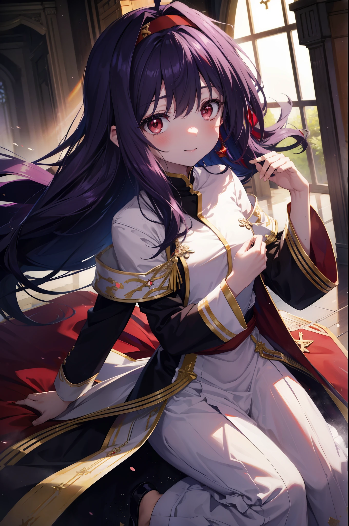 yuukikonno, Yuki Konno, hair band, long hair, pointed ears, purple hair, (red eyes:1.5), (small breasts:1.2), smile,blush,open your mouth,break habit, long sleeve, nun, robe,紫色 robe, wide sleeve,hands of prayer,
break looking at viewer, Upper body, full body,
break indoors, church,
break (masterpiece:1.2), highest quality, High resolution, unity 8k wallpaper, (figure:0.8), (detailed and beautiful eyes:1.6), highly detailed face, perfect lighting, Very detailed CG, (perfect hands, perfect anatomy),