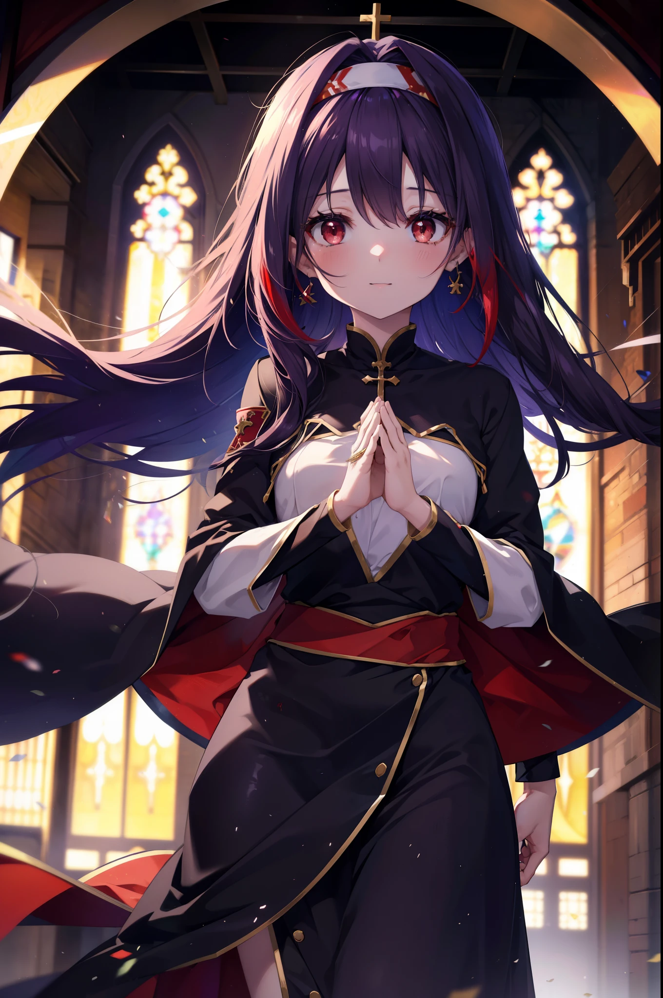 yuukikonno, Yuki Konno, hair band, long hair, pointed ears, purple hair, (red eyes:1.5), (small breasts:1.2), smile,blush,open your mouth,break habit, long sleeve, nun, robe,紫色 robe, wide sleeve,hands of prayer,
break looking at viewer, Upper body, full body,
break indoors, church,
break (masterpiece:1.2), highest quality, High resolution, unity 8k wallpaper, (figure:0.8), (detailed and beautiful eyes:1.6), highly detailed face, perfect lighting, Very detailed CG, (perfect hands, perfect anatomy),