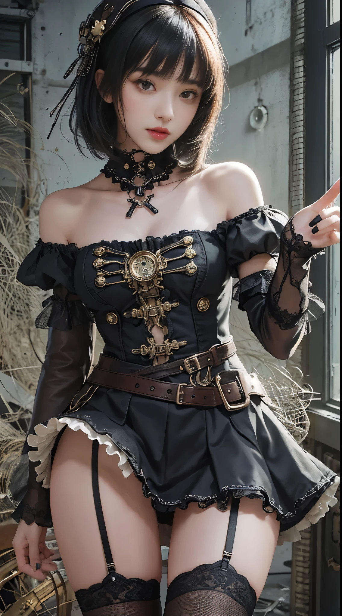 (((masterpiece, highest quality, Super detailed))), 1 female, (((very thin body))) , (((length, thin legs))), (((black short bob, thick fluffy bangs ))), (((highly detailed face))), No cosmetics, small and thin nose, thin mouth with small lips, (((Very sharp focused eyes))), Precise pale gray eyes with large slits, shine like a jewel, length eyelashes, ((Highly decorative intricate mechanical steampunk fashion, Lace Flare Mini Skirt, above the knee lace stockings, Lace Off Shoulder ta Fashion, Overly decorative fashion)), Abandoned Night, Complex mechanized steampunk factory catches fire and explodes, (((Overall accuracy has been dramatically improved, creating a Super detailed and realistic image))), super realistic photos, (((steampunk gun)))