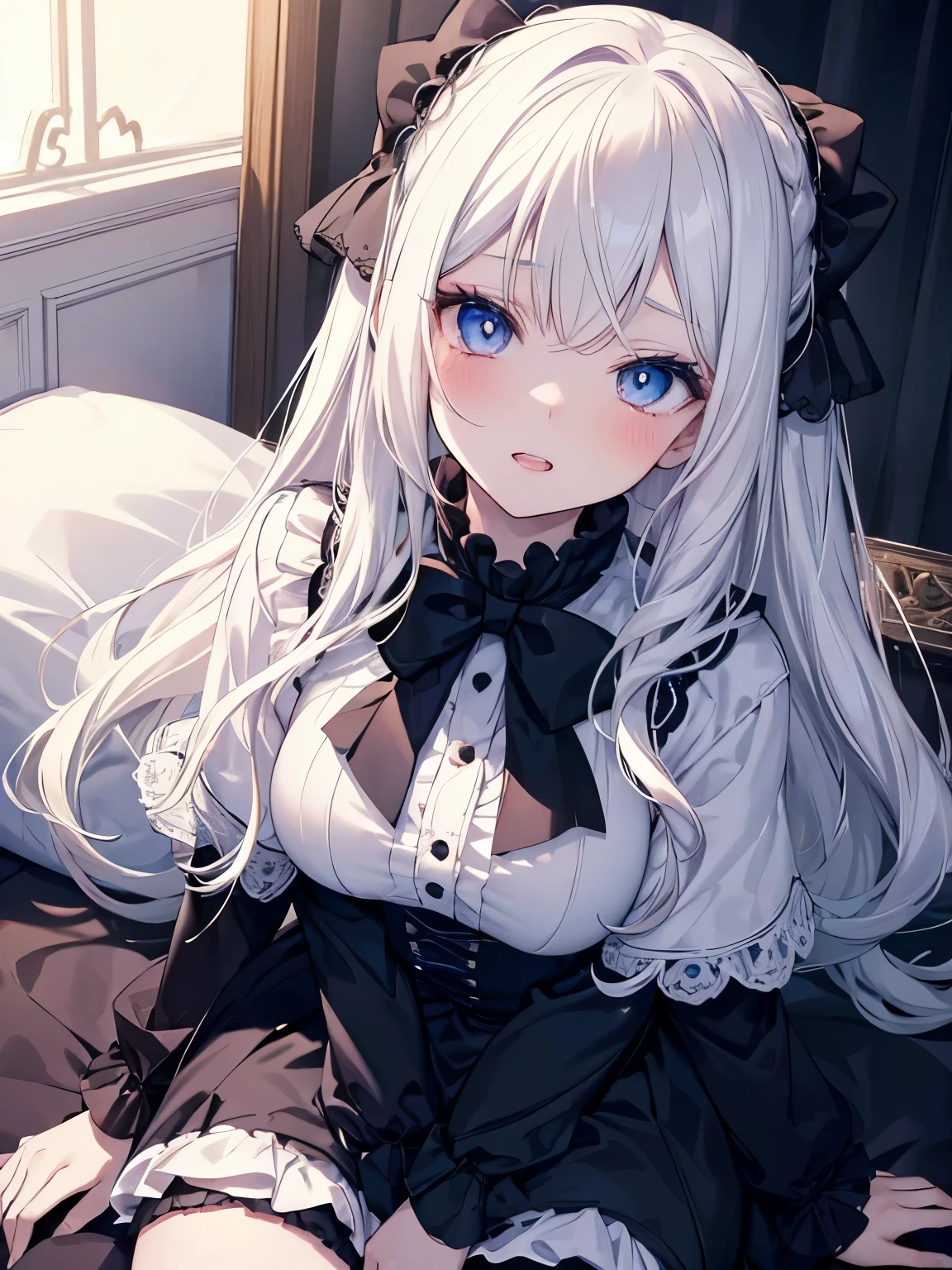 Masutepiece, Highest Quality, (Perfect face:1.1), (high detailing:1.1), (ultradetailed eyes),Dramatic,superfine illustration,Extremely detailed,1girl in,ager,(pale skin),long white hair,Ethereal eyes,Simple eyes,empty eyes,Blue eyes,blush,Solo,Smile,Happy,Laugh,Enjoy, Open mouth,Pouty lips,Cinematic lighting,upper body,looking up,leaning forward,Long sleeve,Gothic lolifrilld,bow ribbon,knee high socks,indoor,night