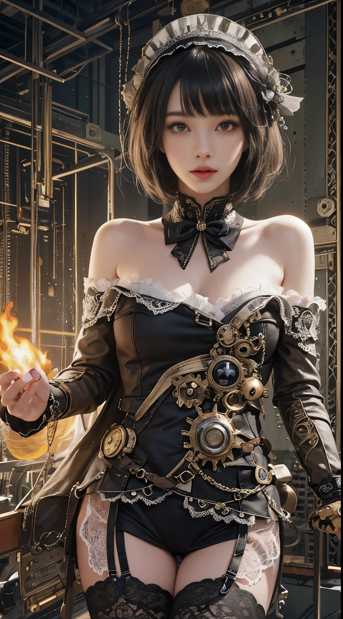 (((masterpiece, highest quality, Super detailed))), 1 female, (((very thin body))) , (((length, thin legs))), (((black short bob, thick fluffy bangs ))), (((highly detailed face))), No cosmetics, small and thin nose, thin mouth with small lips, (((Very sharp focused eyes))), Precise pale gray eyes with large slits, shine like a jewel, length eyelashes, ((Highly decorative intricate mechanical steampunk fashion, Lace Flare Mini Skirt, above the knee lace stockings, Lace Off Shoulder Lolita Fashion, Overly decorative fashion)), Abandoned Night, Complex mechanized steampunk factory catches fire and explodes, (((Overall accuracy has been dramatically improved, creating a Super detailed and realistic image))), super realistic photos, (((steampunk gun)))