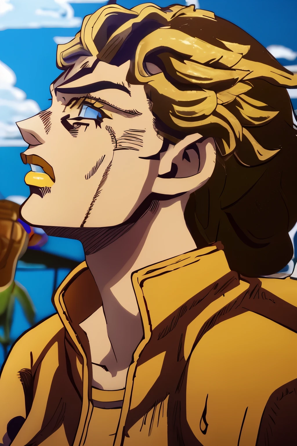 (masterpiece:1.3), (best cinematic quality:1.2), (extremely detailed setting:2), (soft+artistic lighting), (1boy), short orange-red haired, (eyes+yellow+red:1.4), (multicolored eyes+heterochromia), wearing 70's orange jojo clothes, futuristic, in yellowstone national park, is a mostly shirtless young gene wilder