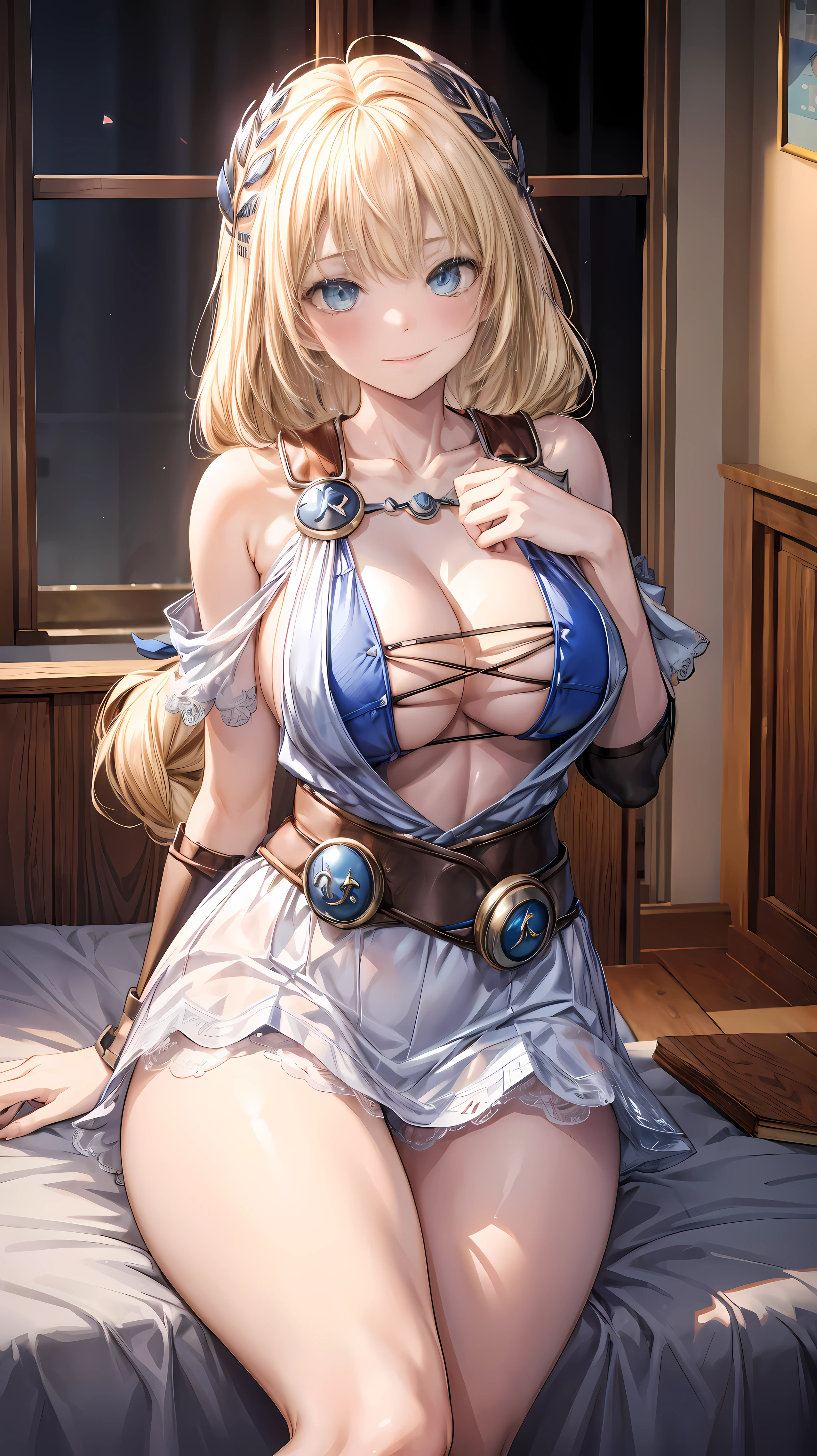 sensual, long blonde hair, thick thighs, 8K, 4k, highest quality, High resolution:1.2), cute anime face, noise reduction, shining blue eyes, gentle smile, kind eyes、toned abdominal muscles, muscular arms, muscular legs,  young face, anime eyes, (((big breasts、A chest that is about to burst)))、(((model pose)))、sophistry、sword、shield、SFW giant body