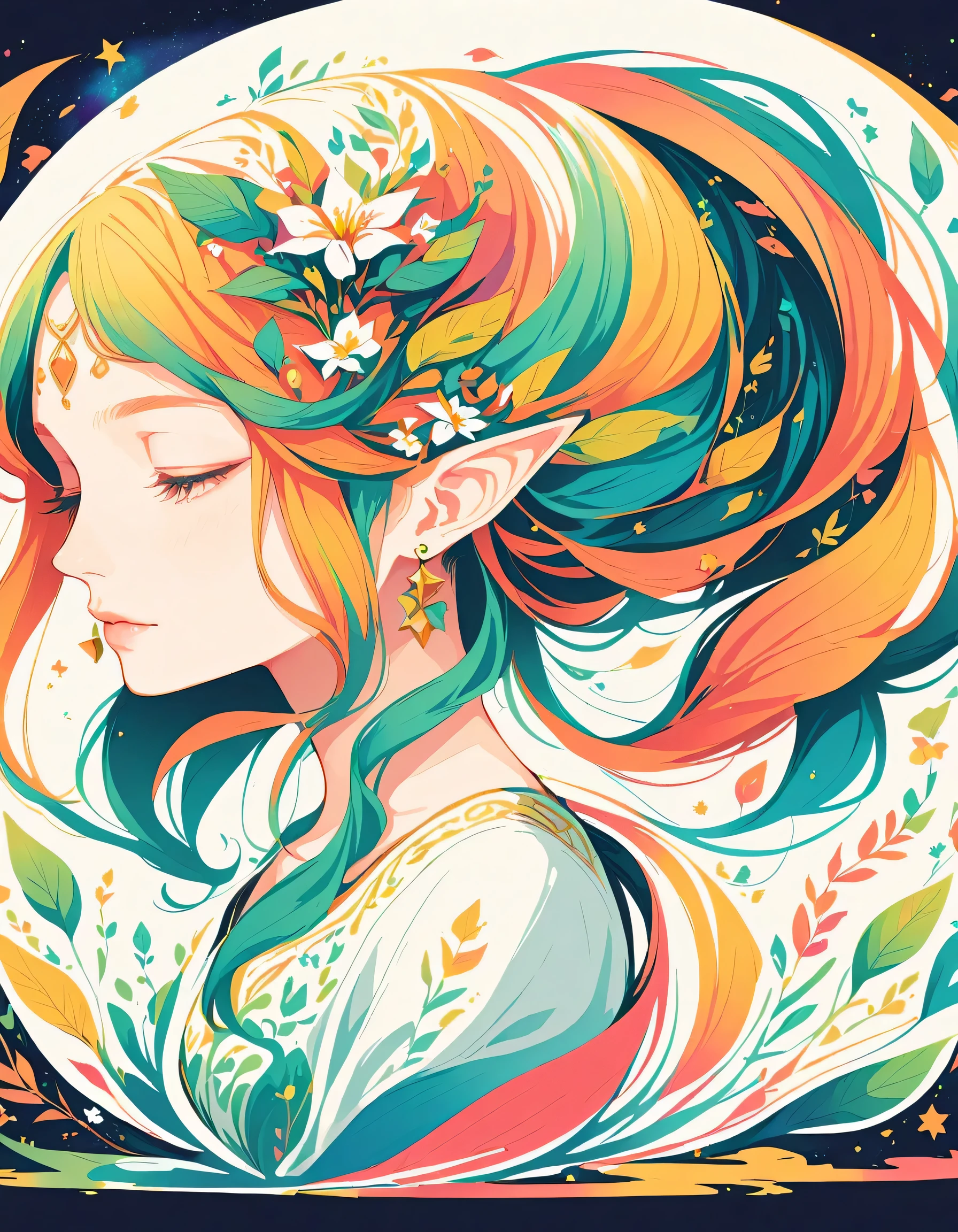 flat illustration,center, Leaf Elf, Girl with rainbow hair,side,There is a flower in his hair,Delicate blue Dress, Cosmic nebula background, Star, galaxy, intricate details,