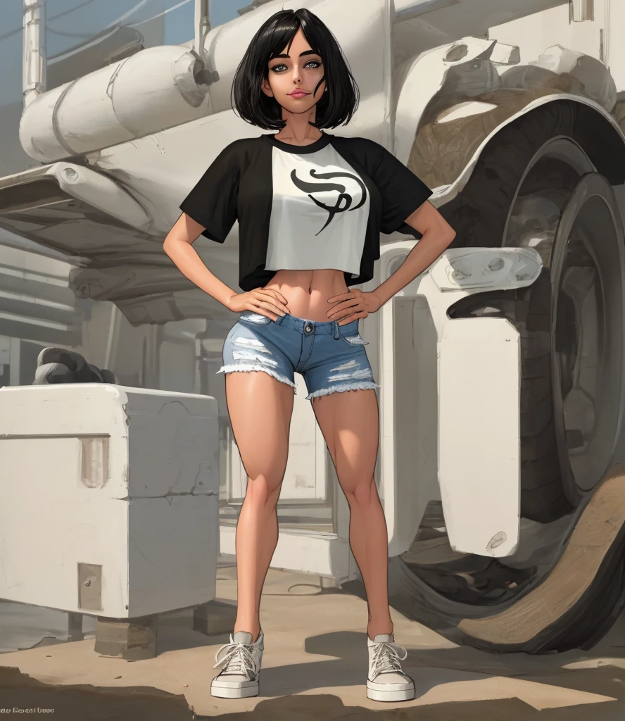 18 year old girl, big breasts, white t-shirt, exposed navel, short jeans, sneakers, Caucasian, black hair, black eyes, round face, defined eyes, defined hands, hands with 5 fingers, sweet look, slight smile, wide shot, 16k, best quality, highres, high quality, super detail, anatomically correct, ccurate
