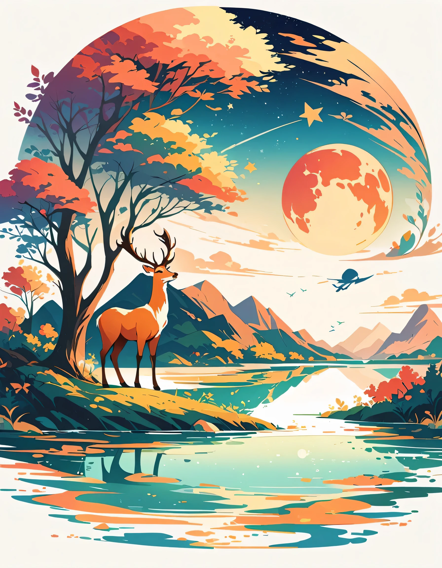 Handsome stag at the water's edge, animal, actual, (((masterpiece))), best quality, Sky, cloud, water, Star (symbol), Tree, no humans, night, moon, Star (Sky), night Sky, landscape, Starry Sky, watercraft, quiet, soft light,(warm color:1.2),watercolor painting, light background, best quality exquisite details, floor plan,Vector plane,Gradient color scheme from indigo to purple