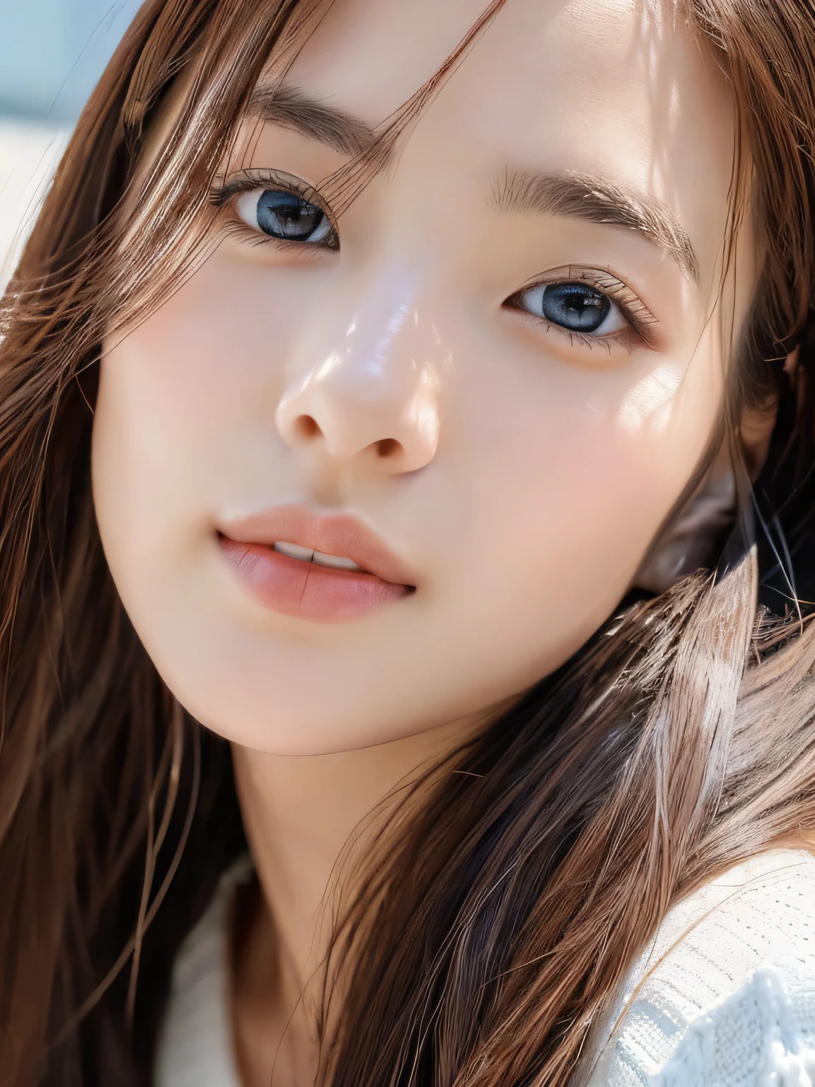 (((32ｋ,high details,high detail、masterpiece,attention to detail,alone))),Raw photo & realistic atmosphere,beautiful dark blue eyes,detailed mouth,glossy lips,thin eyebrows,fine eyes、Soft white skin that shines in every detail、her deep black eyes are so beautiful,lip details、very beautiful face,very well-shaped face、lifelike face,shining beautiful lips,beautiful eyebrows,infinite reality, Realistic young idol sculpture,she&#39;she&#39;she&#39;she&#39;she&#39;she&#39;she&#39;she&#39;very cute woman , idol sculpture, young idol sculpture, Very beautiful and cute 22 year old beauty,incredibly beautiful and classy，22 year old beauty,natural soft light,（shiny hair,,Beautiful and kind eyes：1.5）,gentle smile,well-shaped chest,long hair,beautiful posture,no makeup,