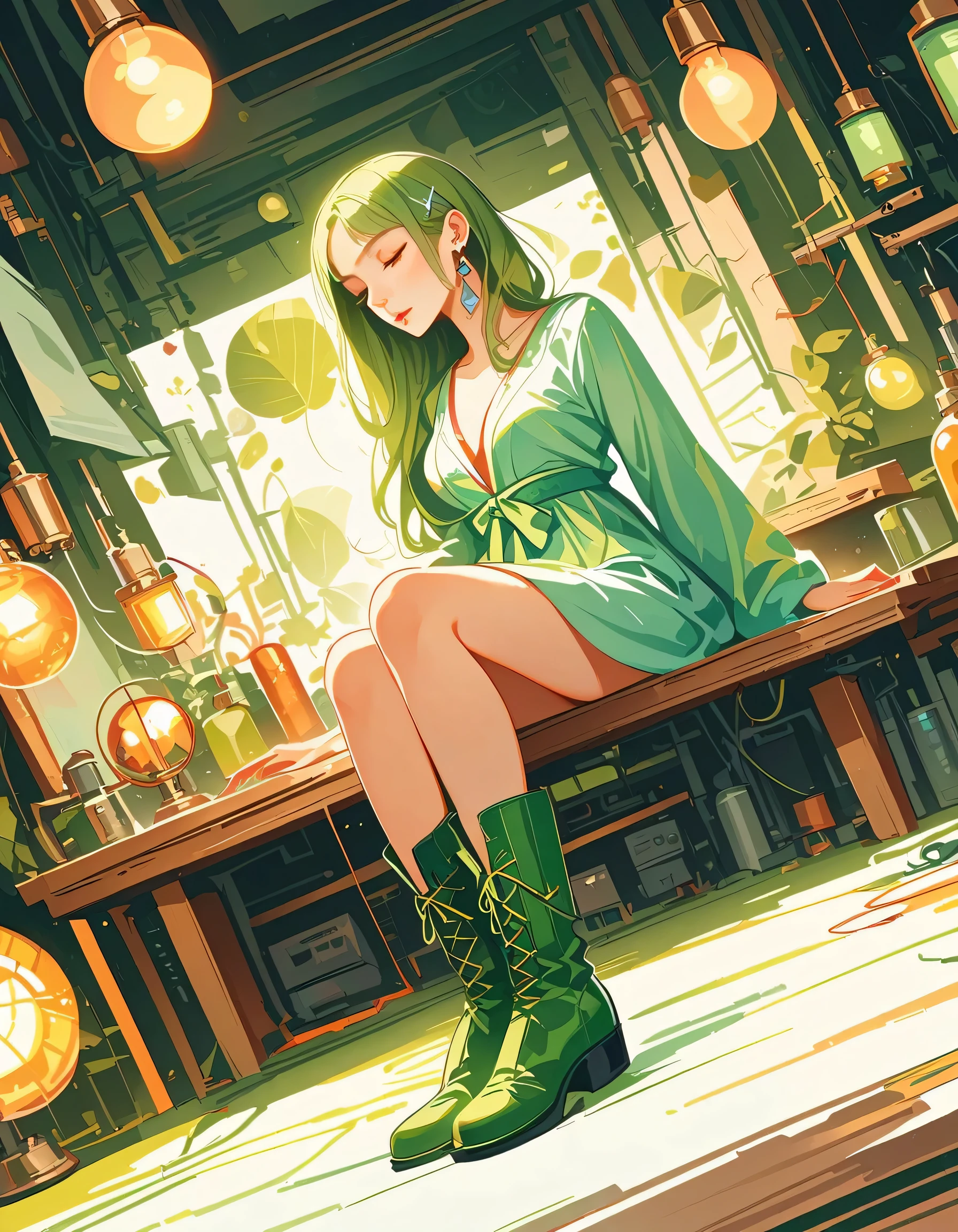 (Long shot), Vector floor plan,center, Leaf Elf, an award winning photograph of a beautiful cybernetic girl with white short Straight hair Wearing a hairpin,intricate cyberpunk Classical (soft light green color scheme bar and hanfu dress:1.5) with (stainless steel material Joint link braceses and boots:1.4) cybernetic,stainless steel material Earrings,highly detailed,Robotic repair bench full of wires and (warm tungsten lamps:1.6) soft bokeh background,art by mooncryptowow and popular science,,Sharp High-Quality Photo,studio light,(detailed textures),(dynamic angle,dynamic pose),(whole_body:1.4),(sitting on workbench:1.4),reality ray tracing