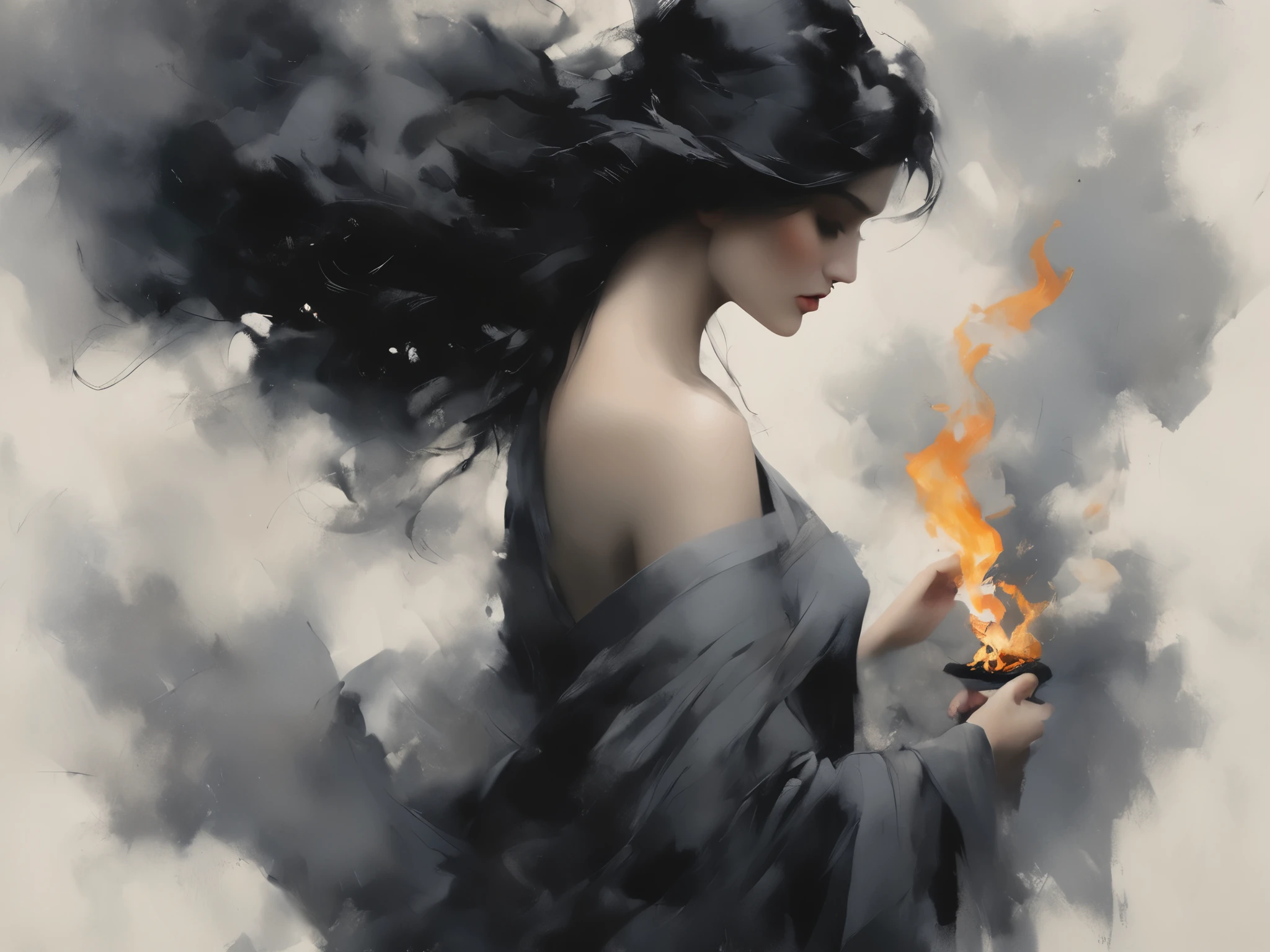 A painting of a dark-haired woman holding a sacred fire, Gray-black smoke surrounds her, smoke instead of clothes，top view，ultimate work of art，divine works，ancient greek mythology，Gray and black minimalist texture，Mythical temperament，With ink texture，by Lois, Emotion concept art, Her body consists of faint smoke, Lois |, Lois and wlop
