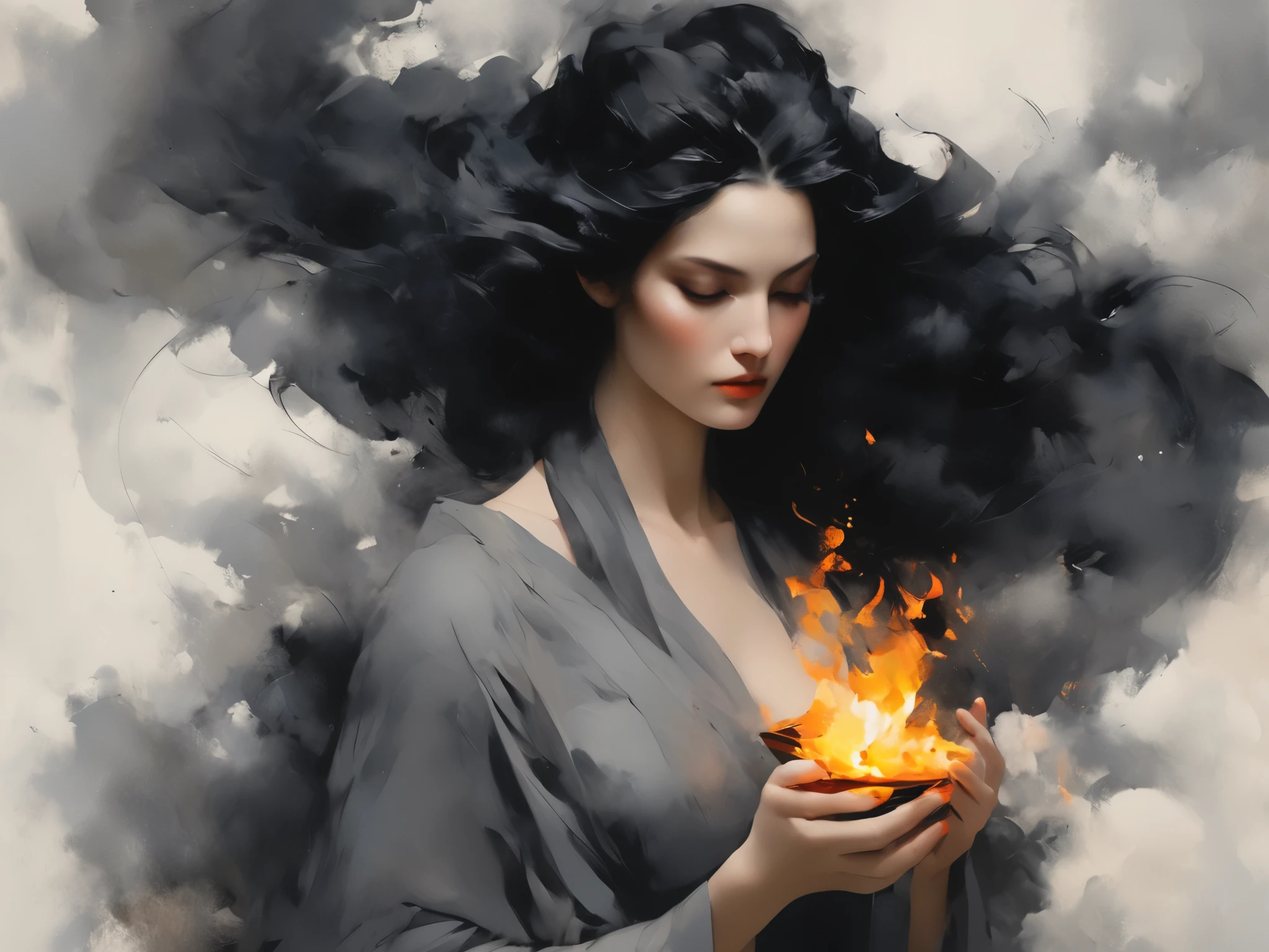A painting of a dark-haired woman holding a sacred fire, Gray-black smoke surrounds her, smoke instead of clothes，top view，ultimate work of art，divine works，ancient greek mythology，Gray and black minimalist texture，Mythical temperament，With ink texture，by Lois, Emotion concept art, Her body consists of faint smoke, Lois |, Lois and wlop