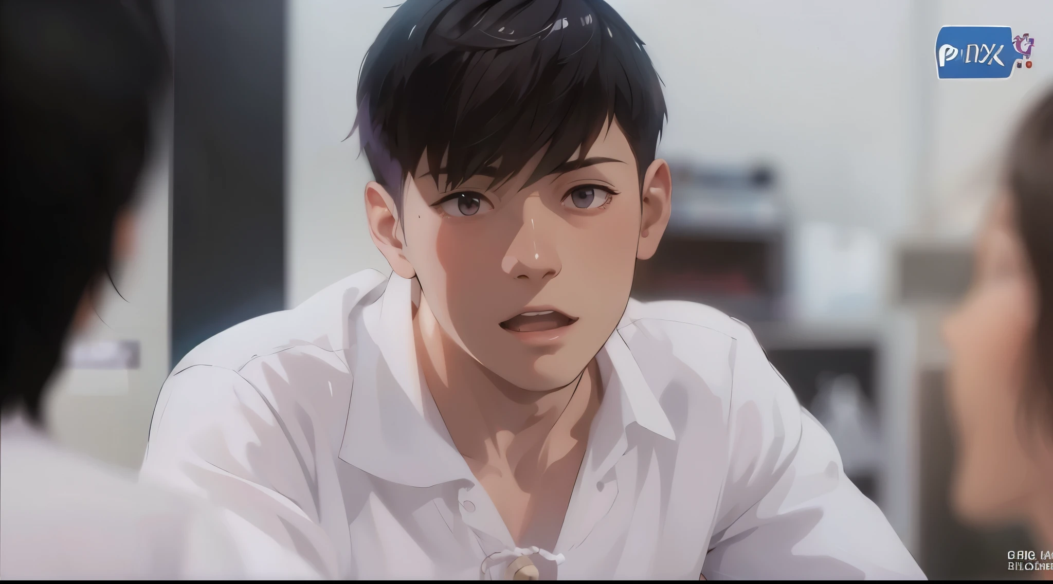 hay un lindo chico con cabello de violeta morado