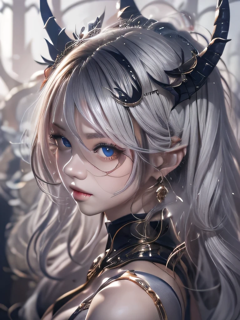 masterpiece, Raw photo,photorealism,High resolution,highest quality,High resolution, perfect composition, perfect face, perfect body, 16k,cinematic lighting,silver hair,Succubus,whip,latex,black,charm,Demon's Castle Background、clavicle visible devil costume、close up of face、ponytail、close up of face、clavicle、earrings、
