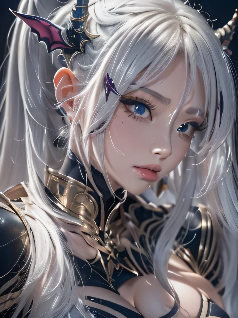 masterpiece, Raw photo，photorealism，High resolution，highest quality，High resolution, perfect composition, perfect face, perfect body, 16k，cinematic lighting，silver hair，Succubus，whip，latex，black，charm，Demon's Castle Background、clavicle visible devil costume、close up of face、ponytail、close up of face、clavicle、earrings、