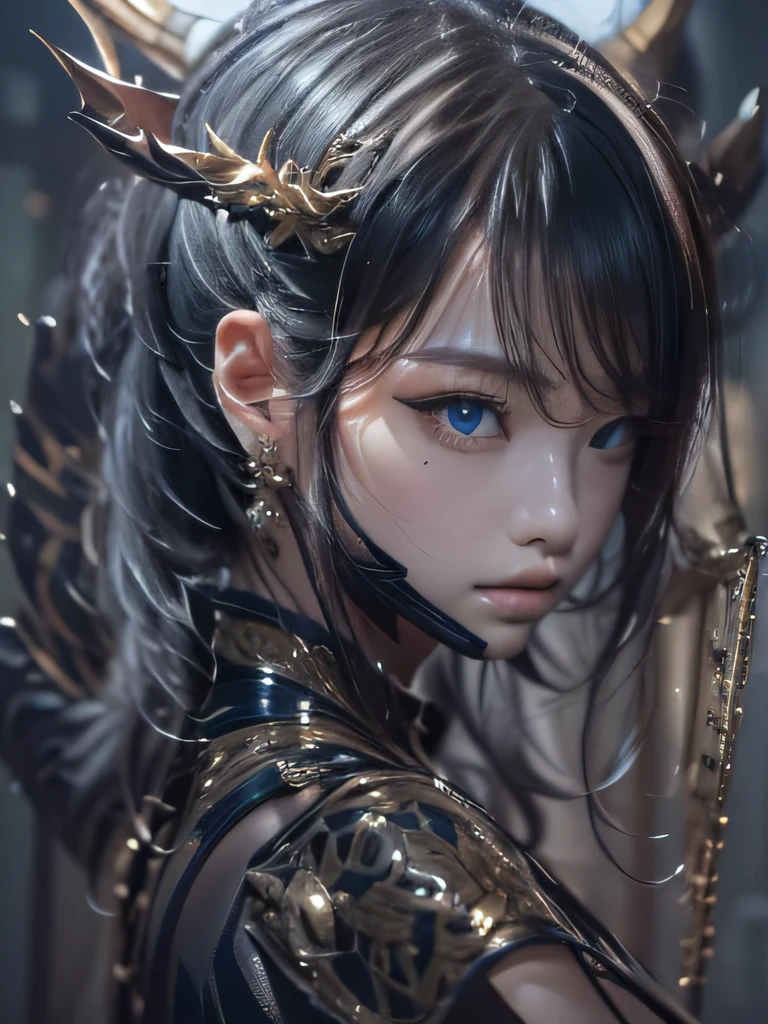 masterpiece, Raw photo,photorealism,High resolution,highest quality,High resolution, perfect composition, perfect face, perfect body, 16k,cinematic lighting,silver hair,Succubus,whip,latex,black,charm,Demon's Castle Background、clavicle visible devil costume、close up of face、ponytail、close up of face、clavicle、earrings、