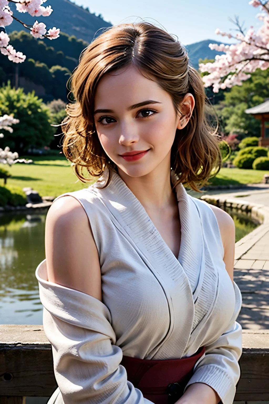 teenage girl, wearing Japanese clothes, Japanese garden in spring, The cherry blossoms have bloomed, big breasts, , running, sprinting, cowboy shot, blonde, movie lighting effects, wearing a kimono, Cherry blossoms are scattered, old Japanese hairstyle, sparkling eyes, blush, shy, red lips, , The wind is blowing, Hair blown by the wind, Make a smile with your fingers, Combing hair with your hands