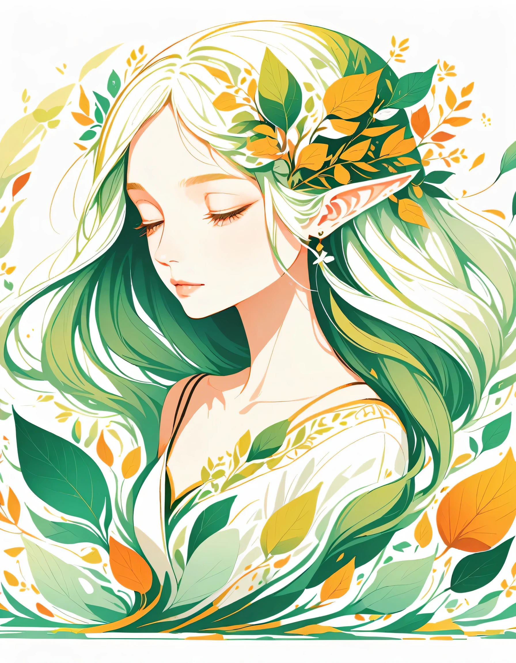 (Long shot), center, Leaf Elf, 1 girl, alone, Isolated on empty pure white background, extremely delicate and beautiful, flat illustration