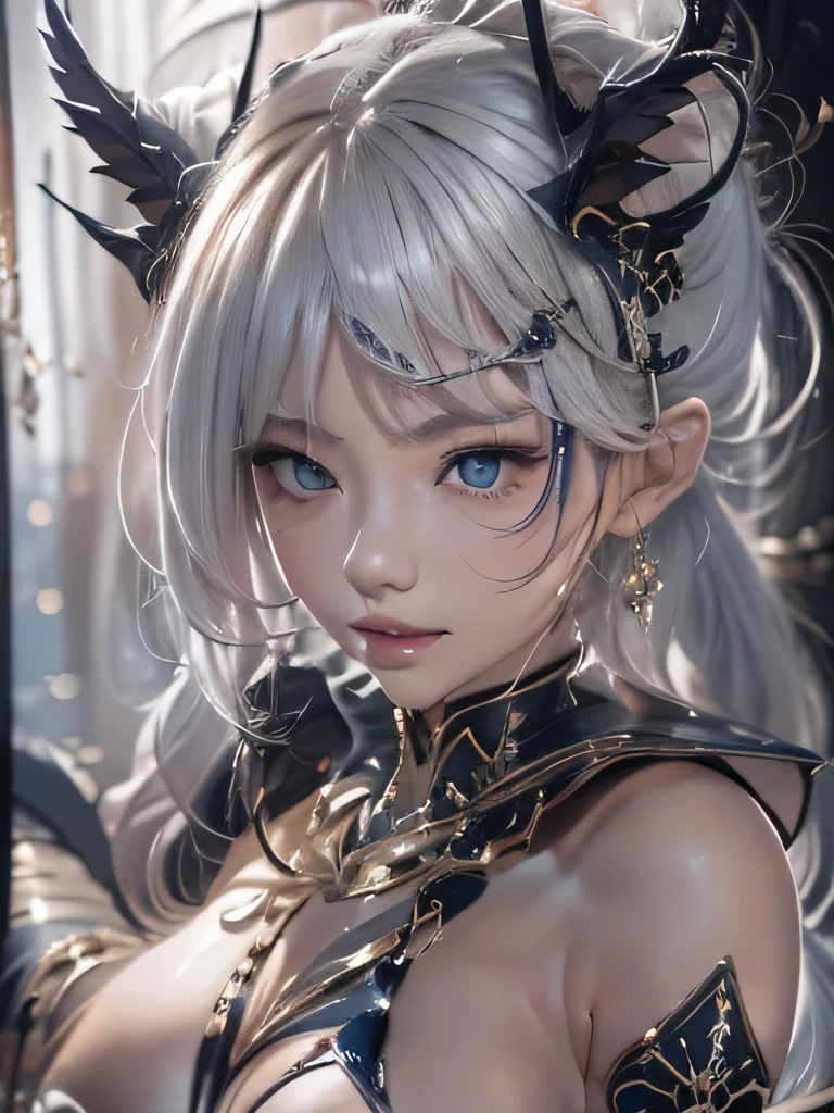 masterpiece, Raw photo,photorealism,High resolution,highest quality,High resolution, perfect composition, perfect face, perfect body, 16k,cinematic lighting,silver hair,Succubus,whip,latex,black,charm,Demon's Castle Background、clavicle visible devil costume、close up of face、ponytail、close up of face、clavicle、earrings、