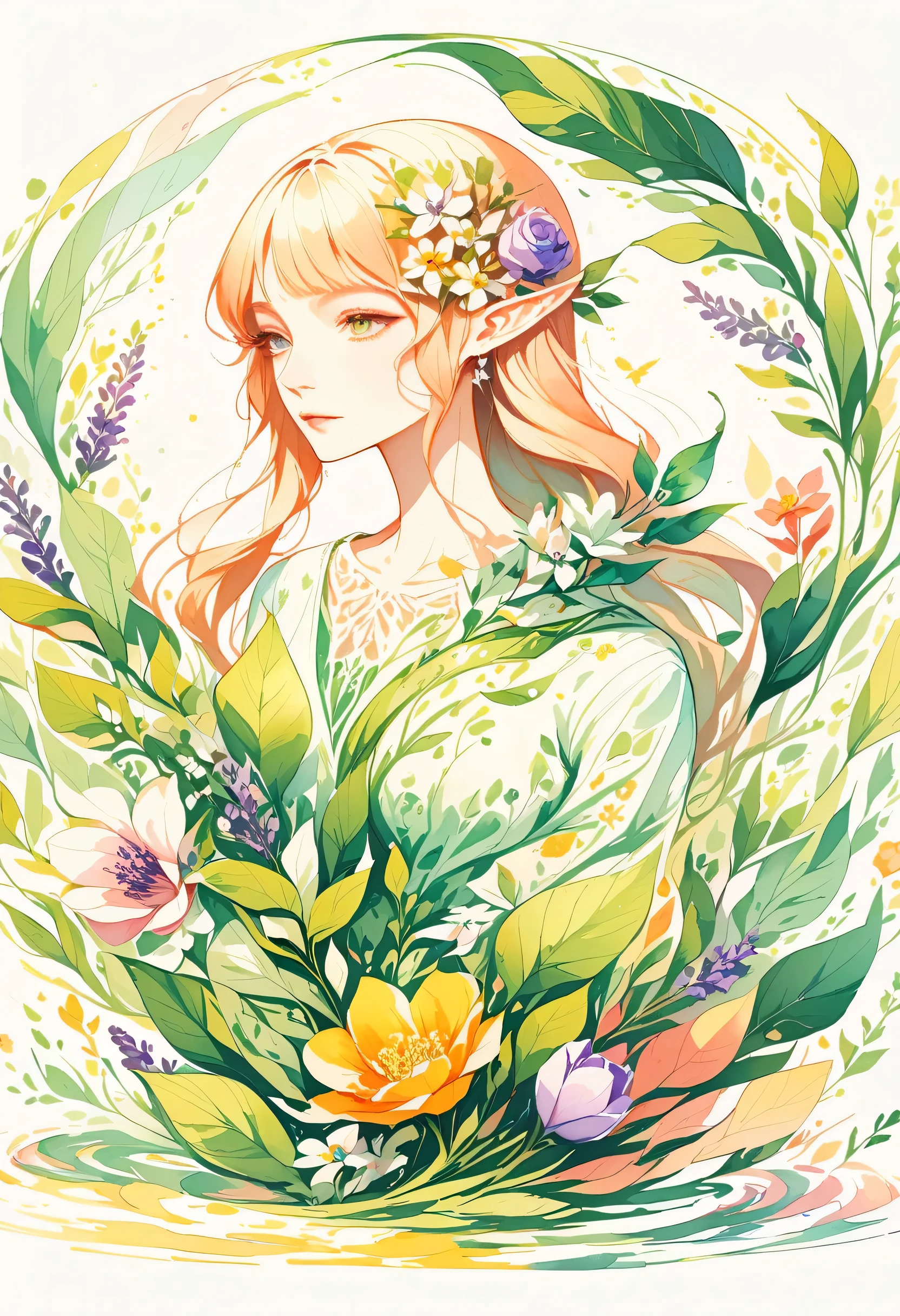 This watercolor flower painting presents an elegant and fresh visual effect。Wildflower and lavender fields,Forming a perfect combination of nature and leaf elf romance。The screen is dominated by a white background,Highlight isolated watercolor flower。render with ink,Splash technology recreates wet conditions,The atmosphere seems vague and dreamy。Unique composition and abstract expression add to the artistic feel of the picture,Contains elements of surrealism。The overall color tone is mainly light tones,Lilac and green complement each other beautifully,Show high-resolution details。The splash-ink effect adds a touch of agility to the picture,The light color gives the flowers a deep and restrained beauty..。