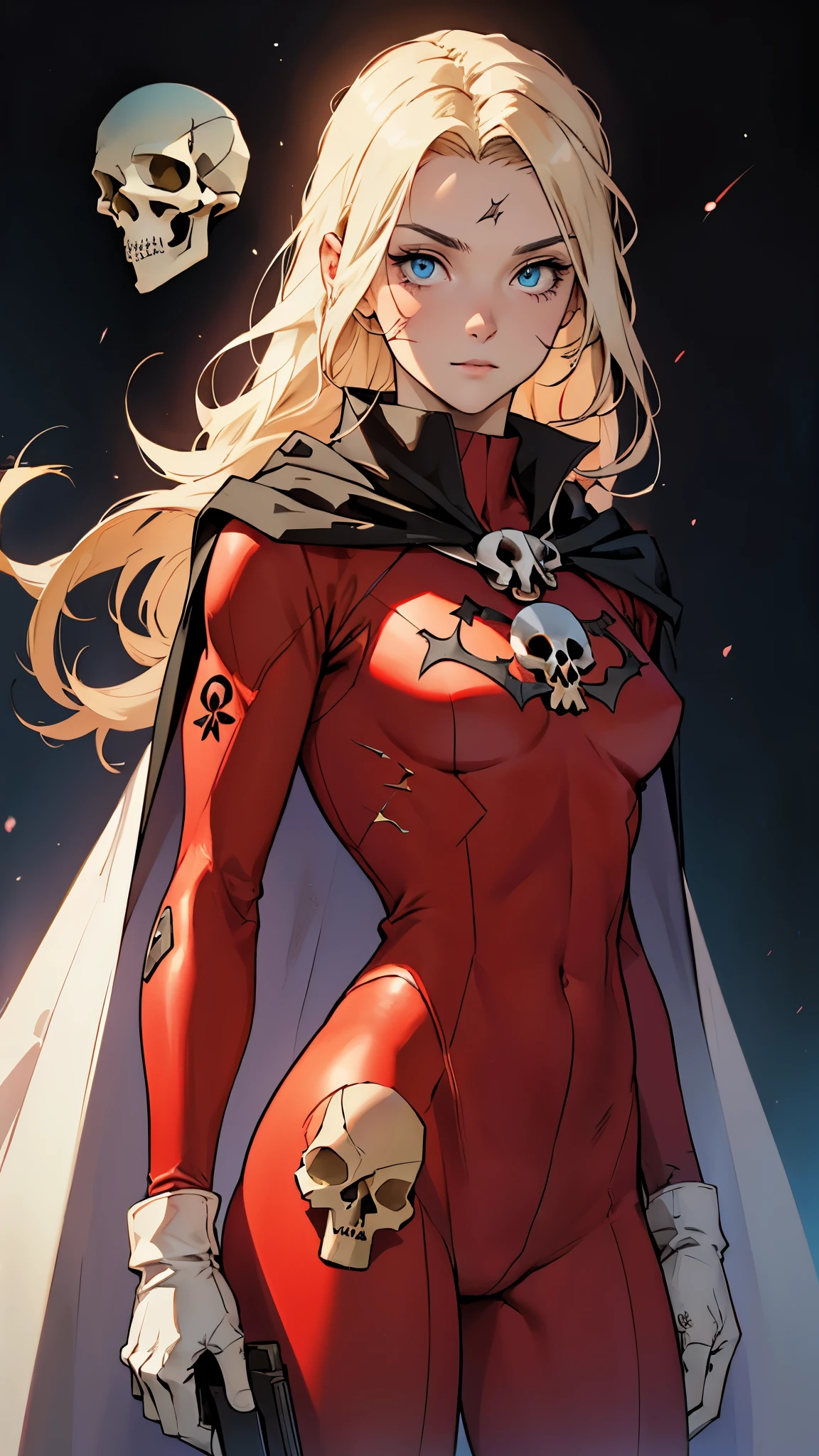 (masterpiece, super quality, beautiful detail, ultra-fine, 16K, exquisite, absurd, high resolution, beautiful background, beautiful eyes, beautiful skin, anime style), retro art style, one person, girl, solo, queen-esmerald, very Long eyes, blue eyes, very long eyelashes, blond hair, long hair, (long front: 1.1), very long hair, frizzy hair, (scar on cheek: 1.3), slender body, very small breasts, belt, BREAK (white gloves: 1.3), BREAK (black cape: 1.3), BREAK ((red bodysuit: 1.5, skull symbol on chest: 1.5)), BREAK sword, gun, sword, ascot, star \(sky\) , cinematic lighting, spaces, holsters