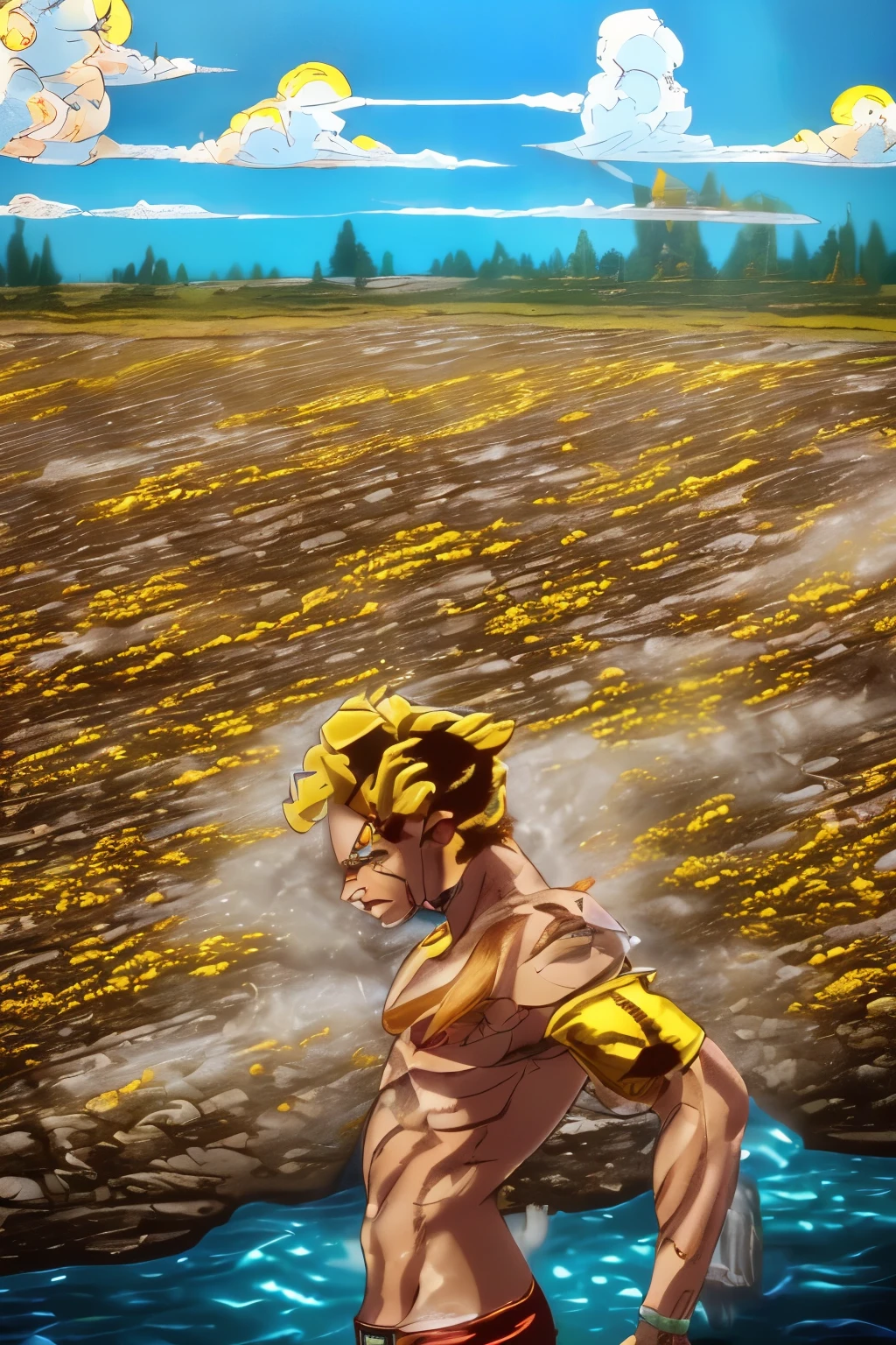 (masterpiece:1.3), (best cinematic quality:1.2), (extremely detailed setting:2), (soft+artistic lighting), (1boy), short orange-red haired, (eyes+yellow+red:1.4), (multicolored eyes+heterochromia), wearing 70's orange jojo clothes, futuristic, in yellowstone national park, is a mostly shirtless young gene wilder