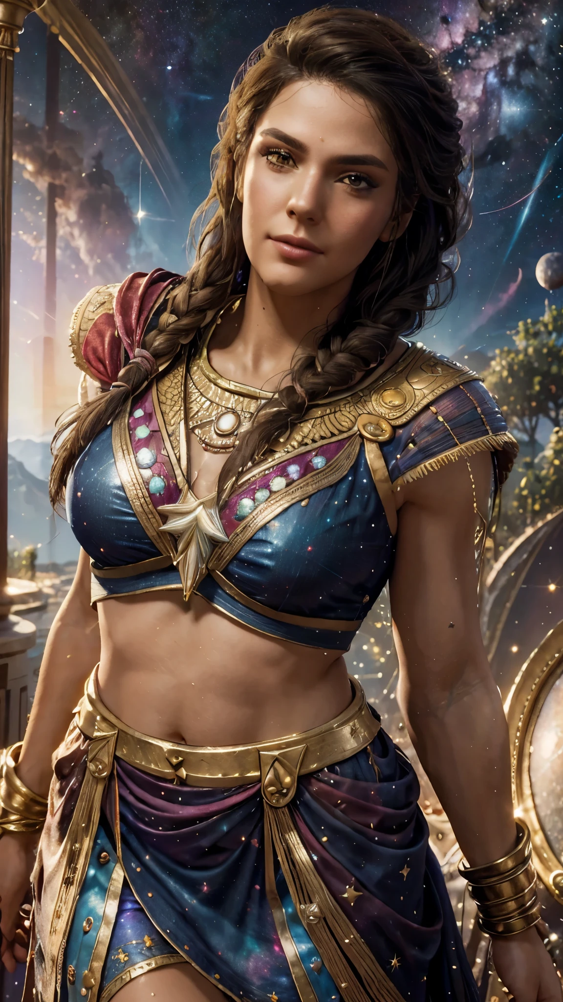 High detail, super detail, super high resolution, Kassandra enjoying her time in the dream galaxy, surrounded by stars, warm light sprinkled on her, full body, background is starry sky with colorful galaxies and galaxy clouds, stars flying around her, delicate face, playful atmosphere,