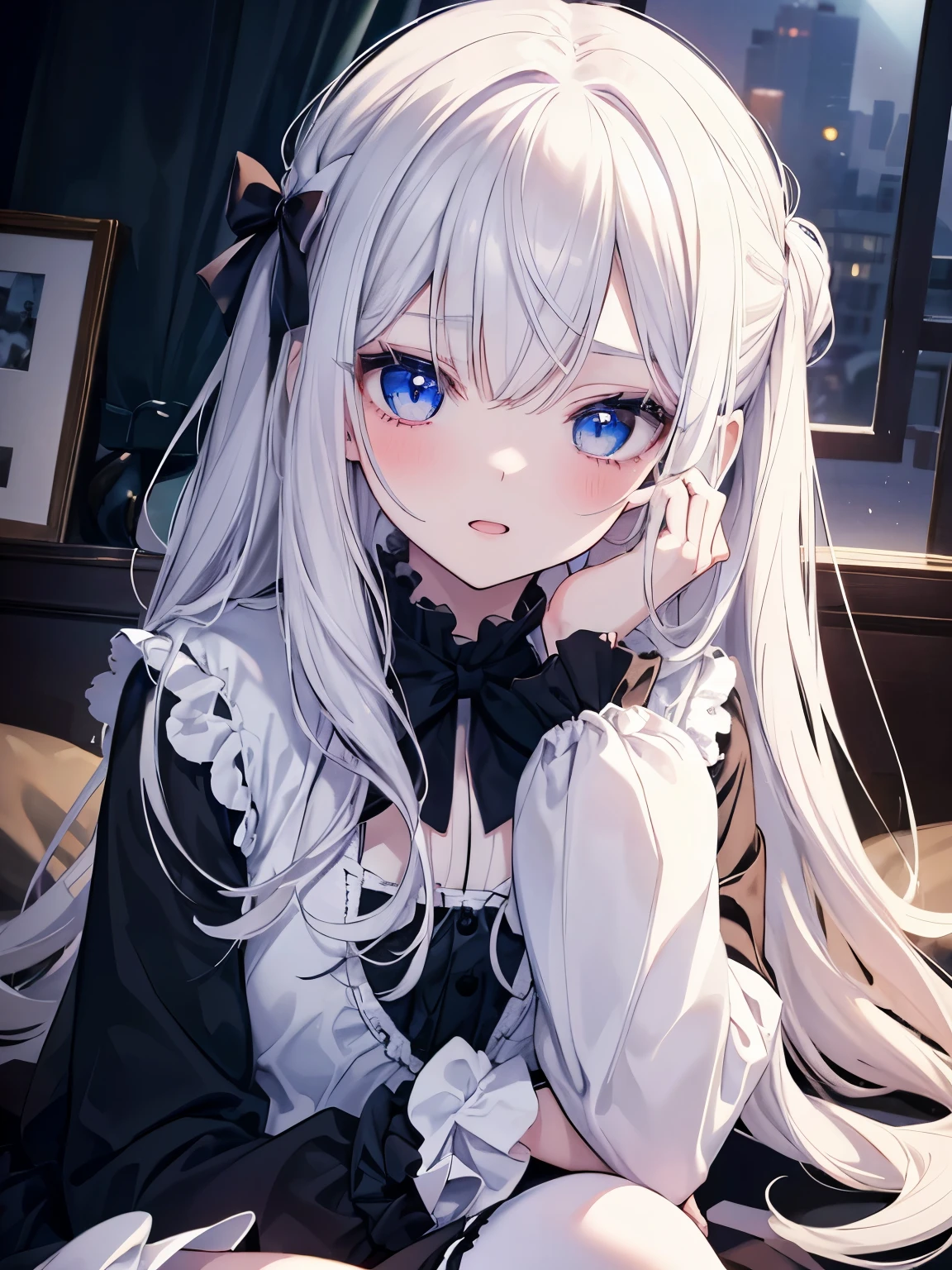 Masutepiece, Highest Quality, (Perfect face:1.1), (high detailing:1.1), (ultradetailed eyes),Dramatic,superfine illustration,Extremely detailed,1girl in,teenager,(pale skin),long white hair,Ethereal eyes,Simple eyes,empty eyes,Blue eyes,blush,Solo,Smile,Happy,Laugh,Enjoy, Open mouth,Pouty lips,Cinematic lighting,upper body,looking up,leaning forward,Long sleeve,Gothic lolita, frilld,bow ribbon,knee high socks,indoor,night